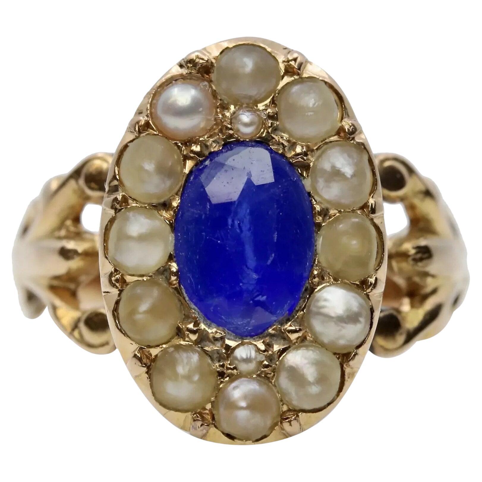 Victorian Natural Pearl & Kyanite Ring in 14K Yellow Gold For Sale