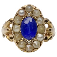 Antique Victorian Natural Pearl & Kyanite Ring in 14K Yellow Gold