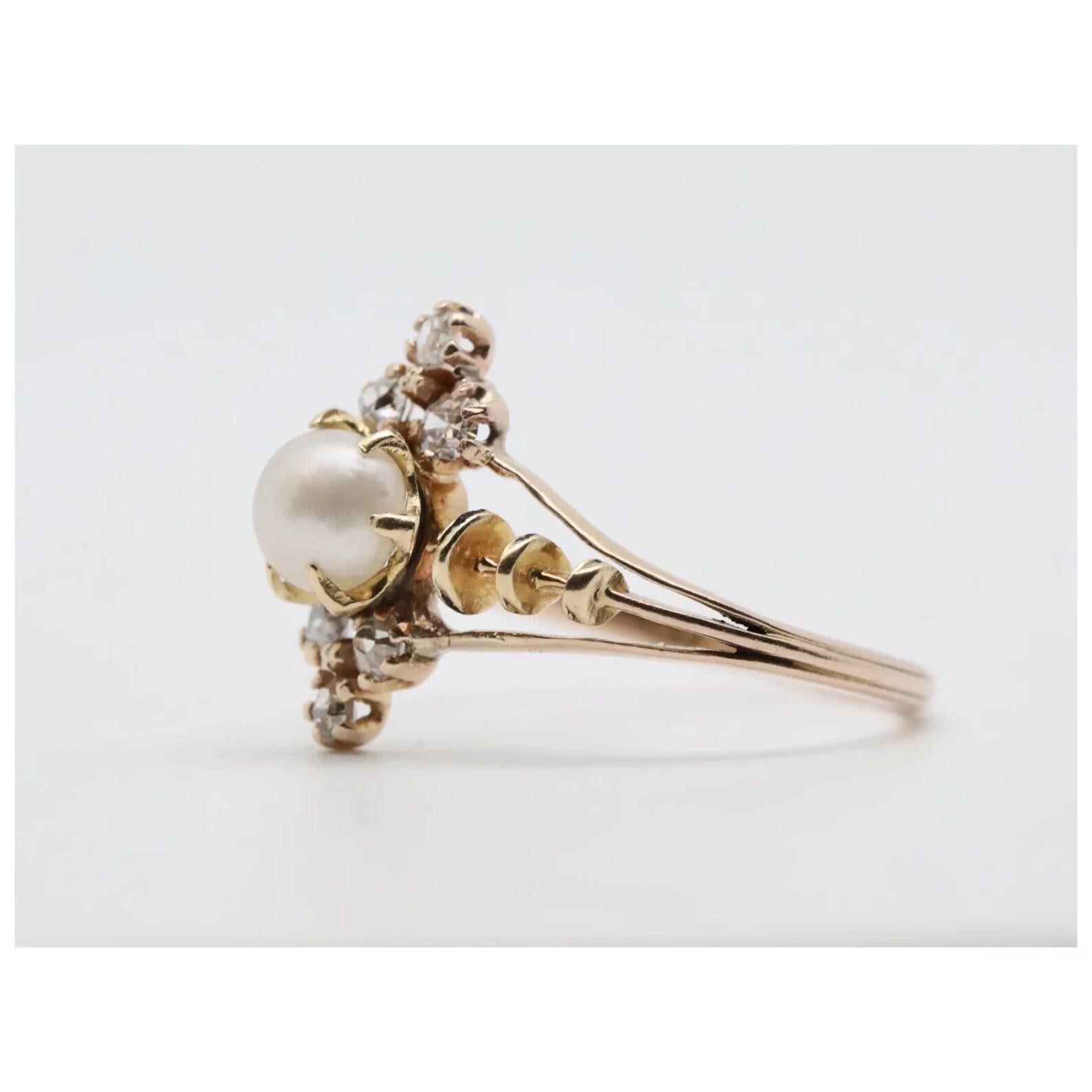 Old Mine Cut Victorian Natural Pearl & Mine Cut Diamond Navette Ring in 18K Gold For Sale