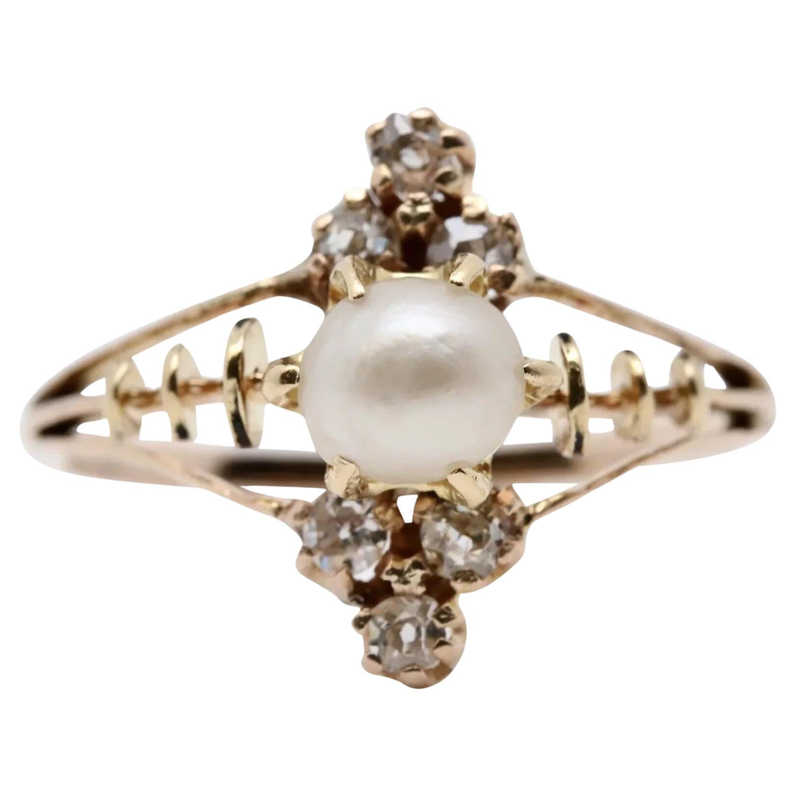 Victorian Natural Pearl & Mine Cut Diamond Navette Ring in 18K Gold For Sale