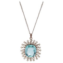 Collana vittoriana di perle naturali e acquamarina naturale con pendente a raggiera