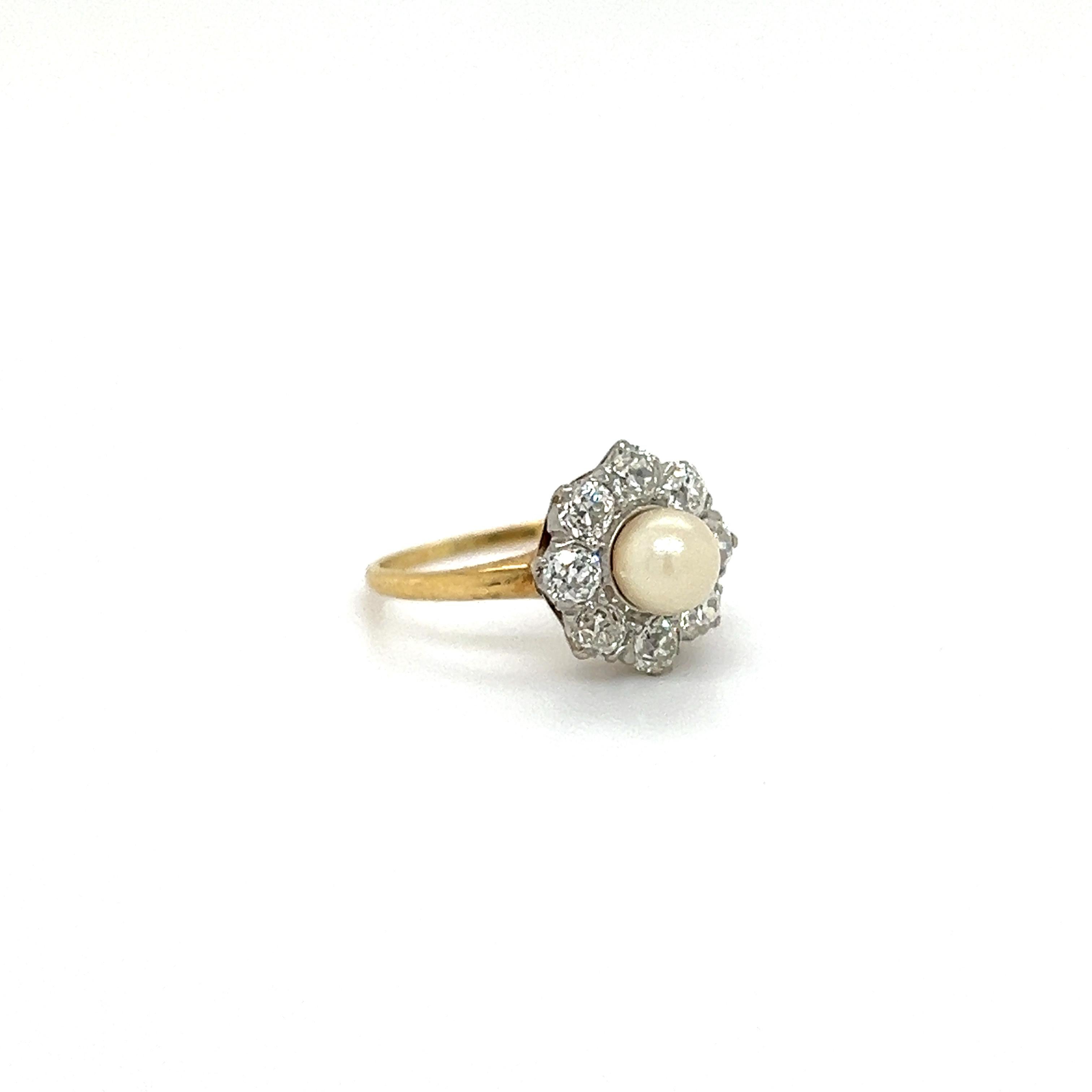 Women's or Men's Victorian Natural Pearl & Old Mine Cut Diamond Halo Cocktail Ring For Sale