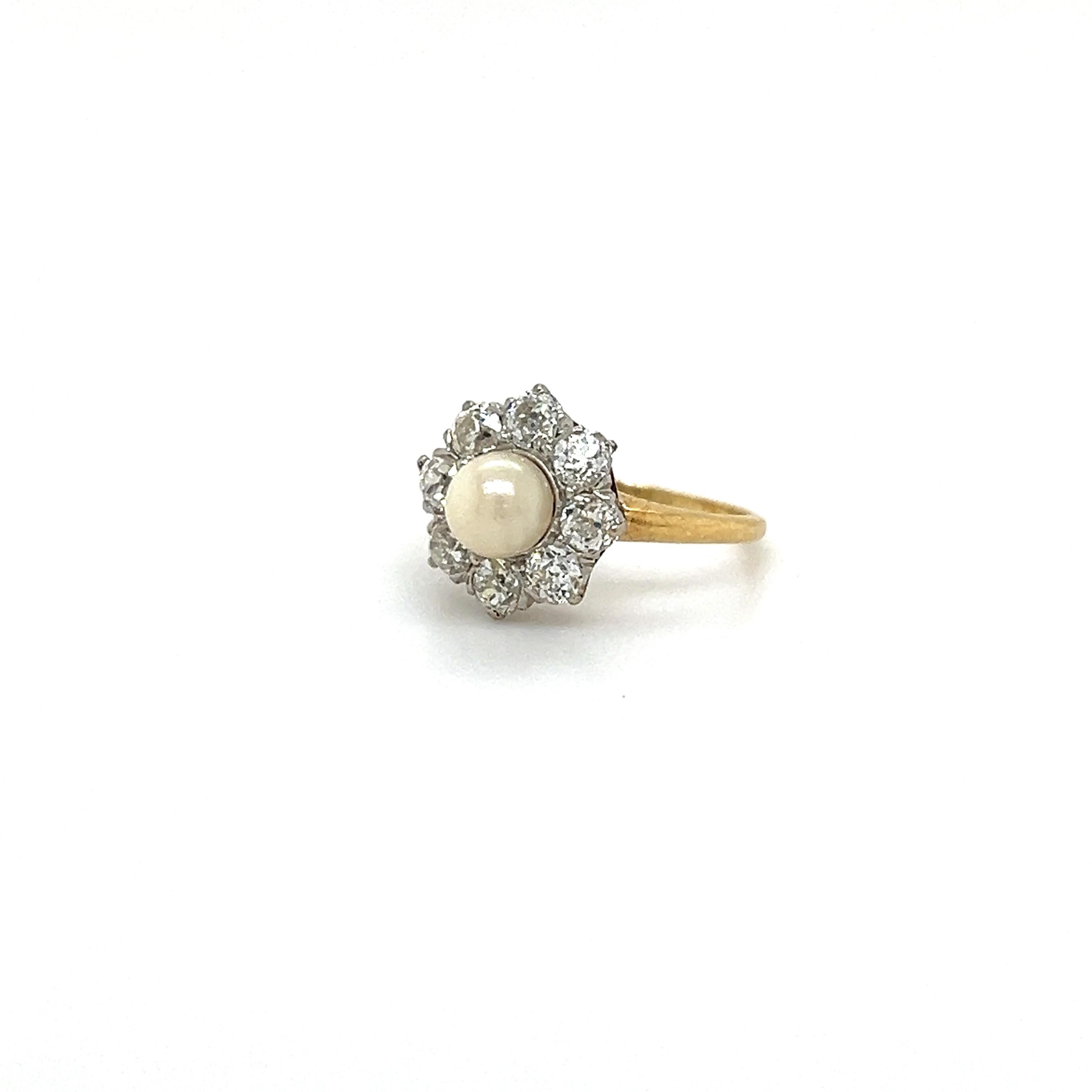 Victorian Natural Pearl & Old Mine Cut Diamond Halo Cocktail Ring For Sale 1