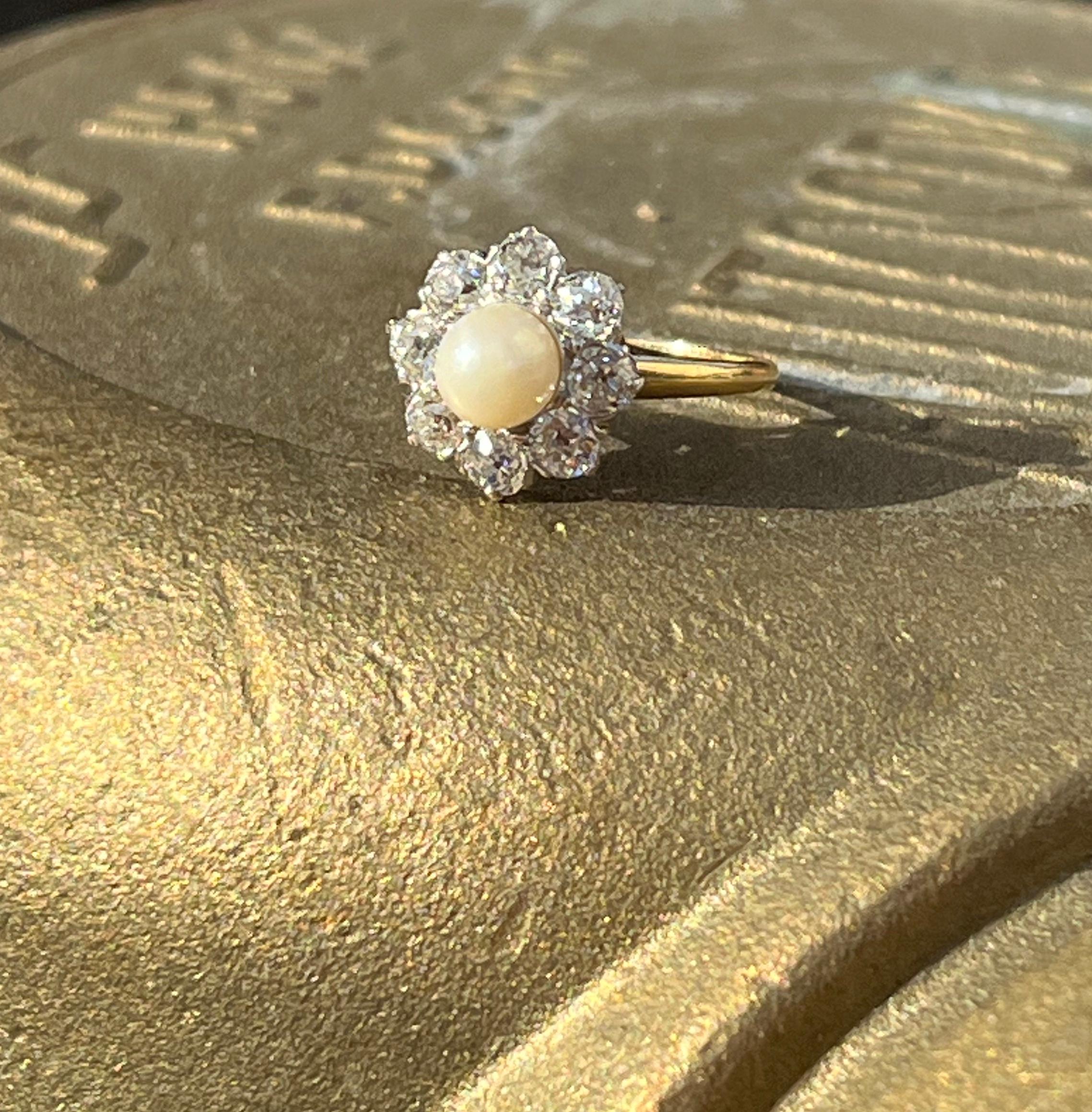 Victorian Natural Pearl & Old Mine Cut Diamond Halo Cocktail Ring For Sale 3