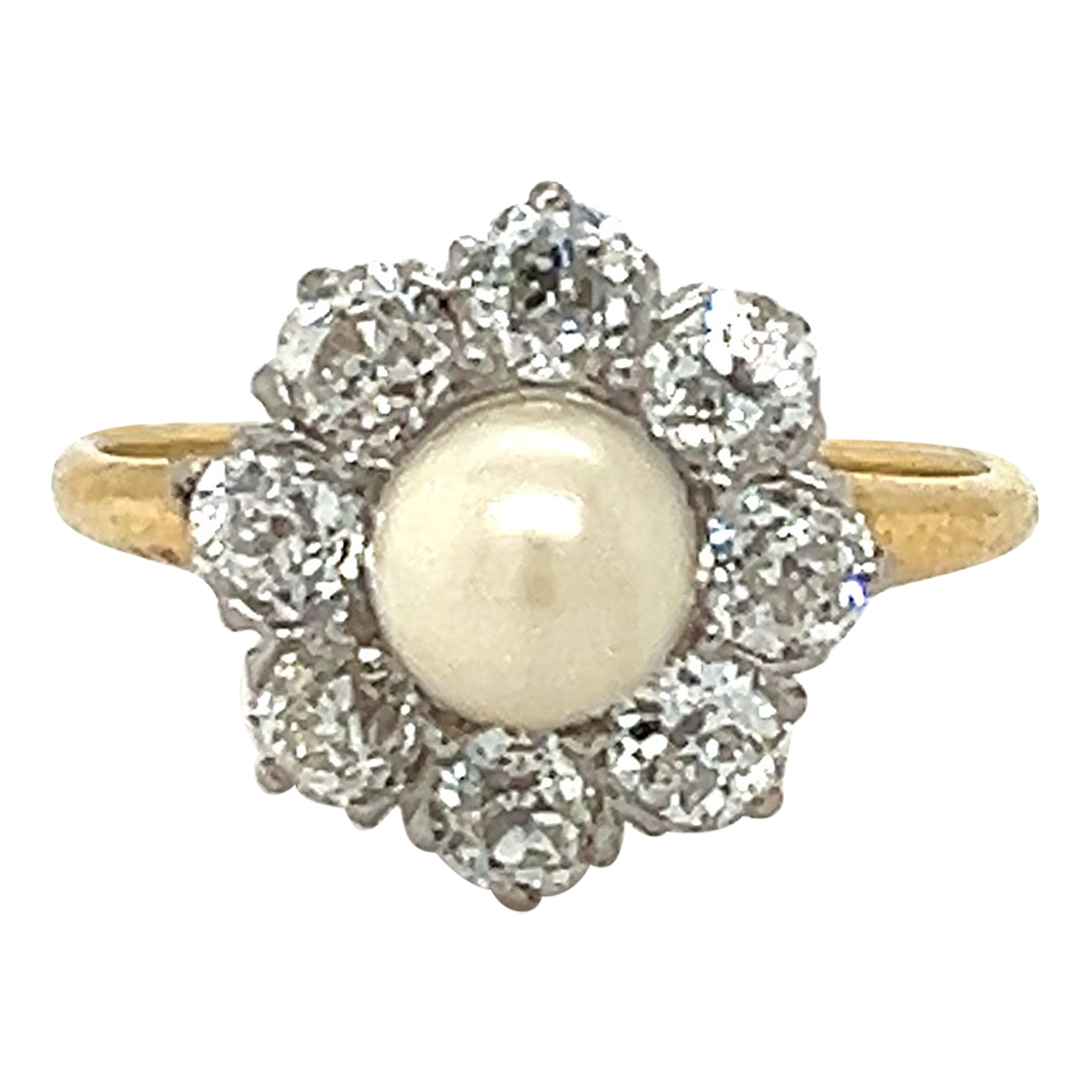 Viktorianischer Cocktailring mit natürlicher Perle und Diamant-Halo im alten Minenschliff