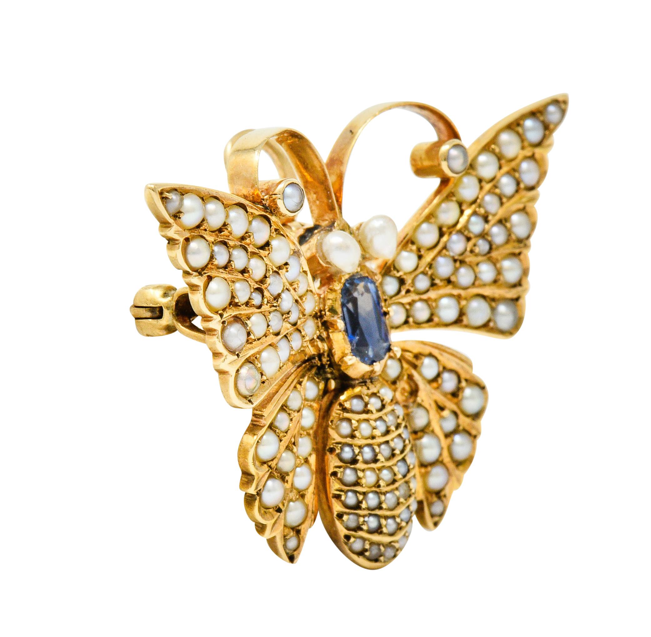 Pendant brooch is designed as a butterfly set throughout by natural freshwater pearls

Varied in color and luster while measuring approximately 1.3 to 2.0 mm

Thorax centers a rectangular cushion cut sapphire weighing approximately 0.38 carat;