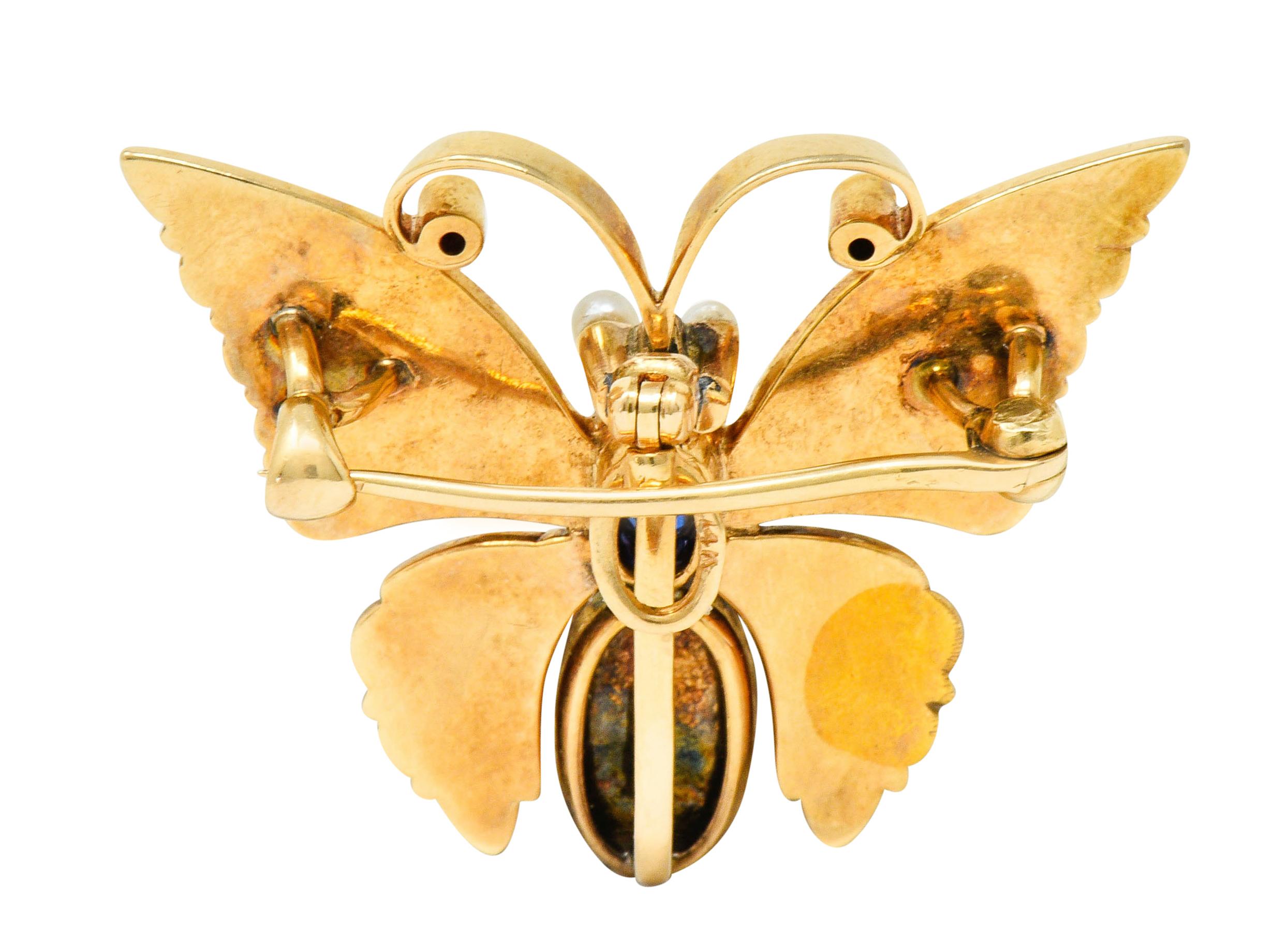 Cushion Cut Victorian Natural Pearl Sapphire 14 Karat Gold Butterfly Pendant Brooch