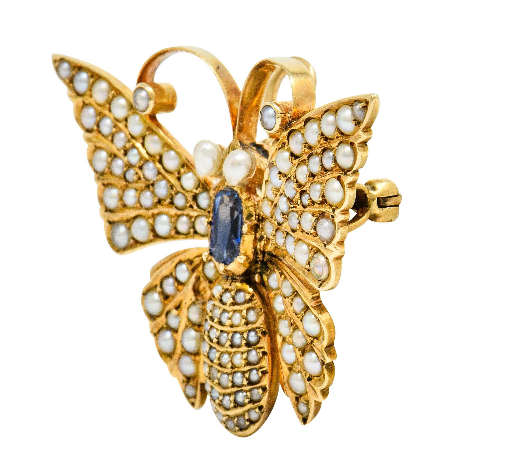 Victorian Natural Pearl Sapphire 14 Karat Gold Butterfly Pendant Brooch In Excellent Condition In Philadelphia, PA