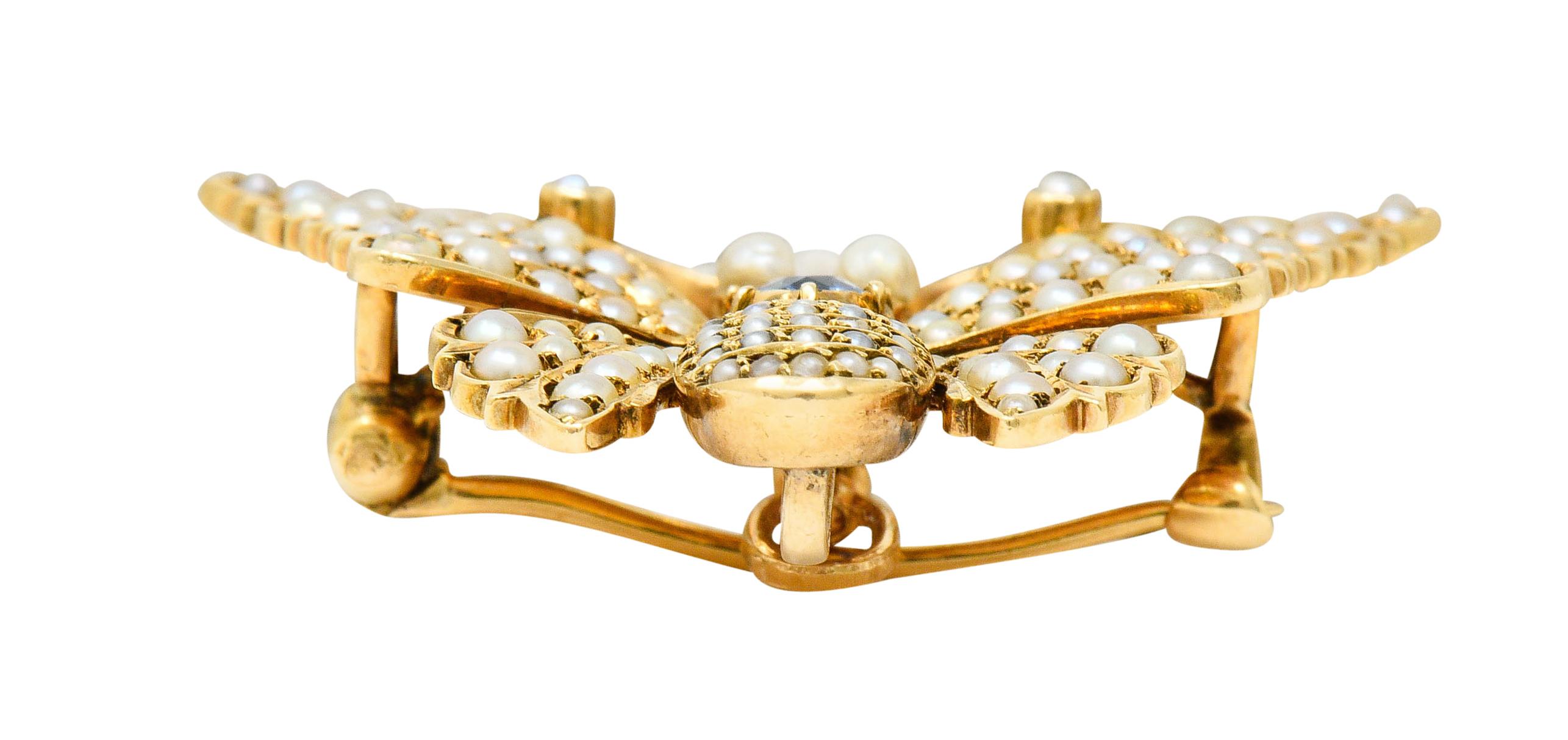 Women's or Men's Victorian Natural Pearl Sapphire 14 Karat Gold Butterfly Pendant Brooch