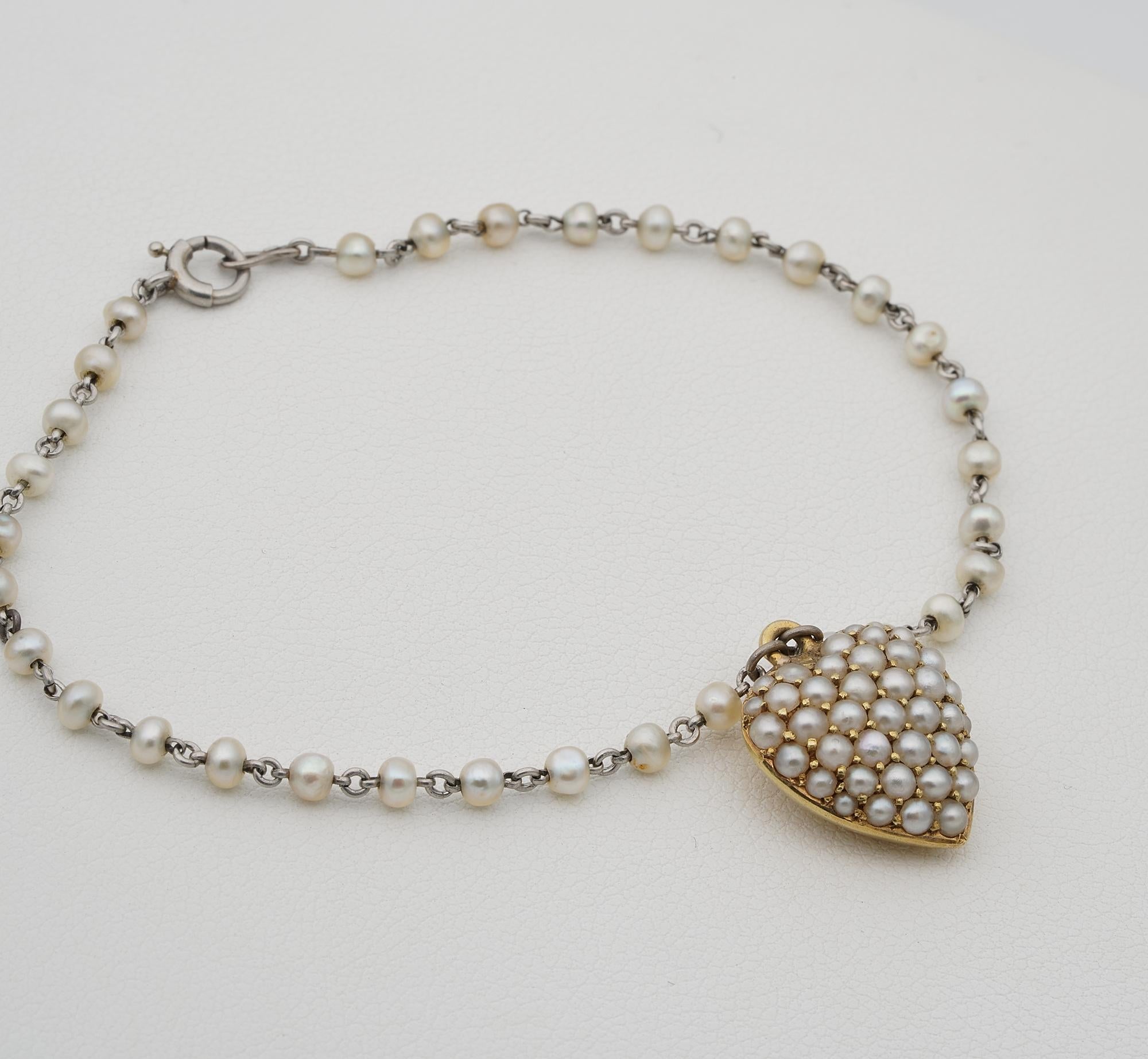 Bead Victorian Natural Pearl Sweet Heart Bracelet 15 Ct Platinum Bracelet For Sale