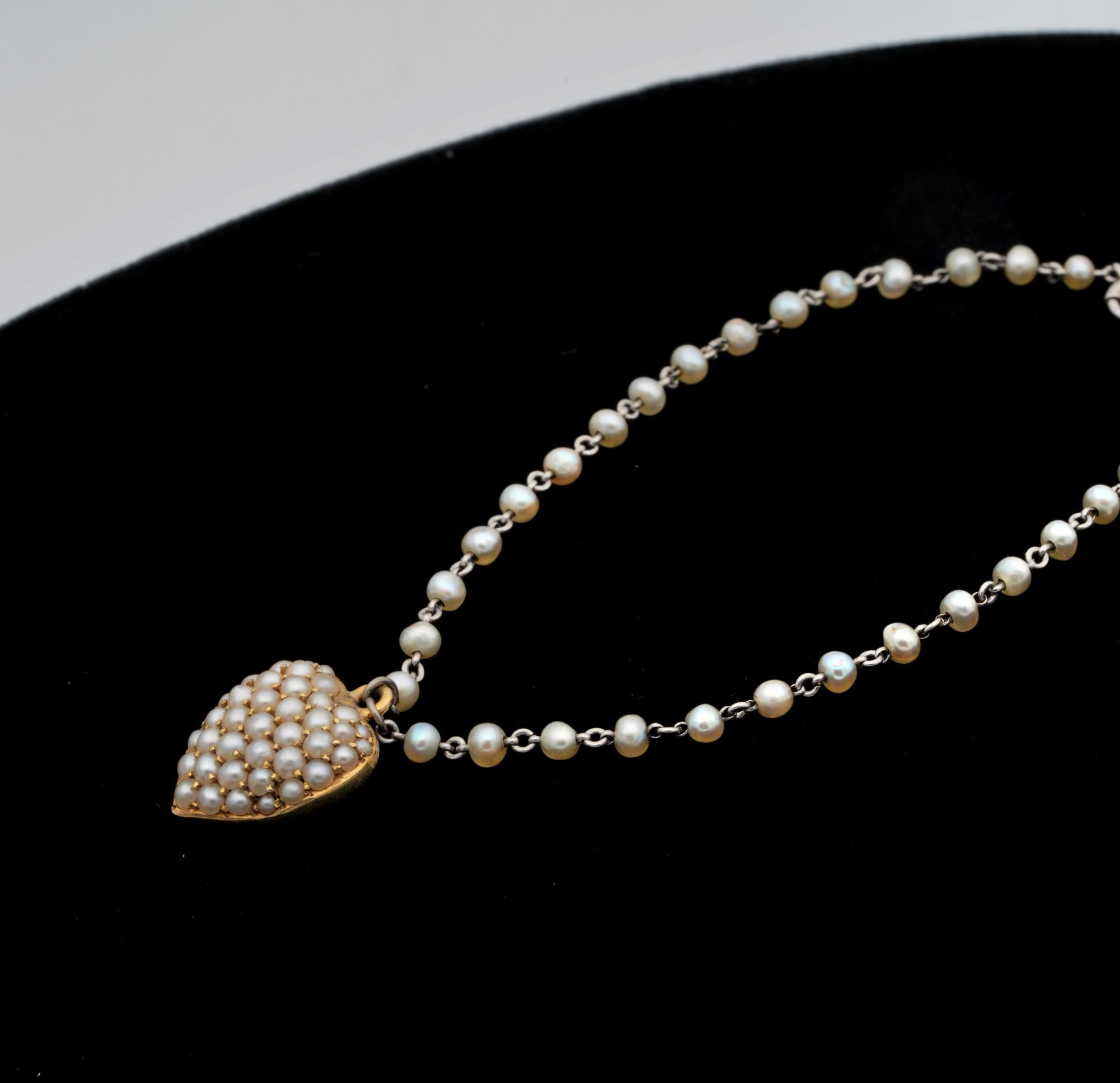 Bracelet victorien en platine 15 carats avec perles naturelles en forme de cœur Pour femmes en vente
