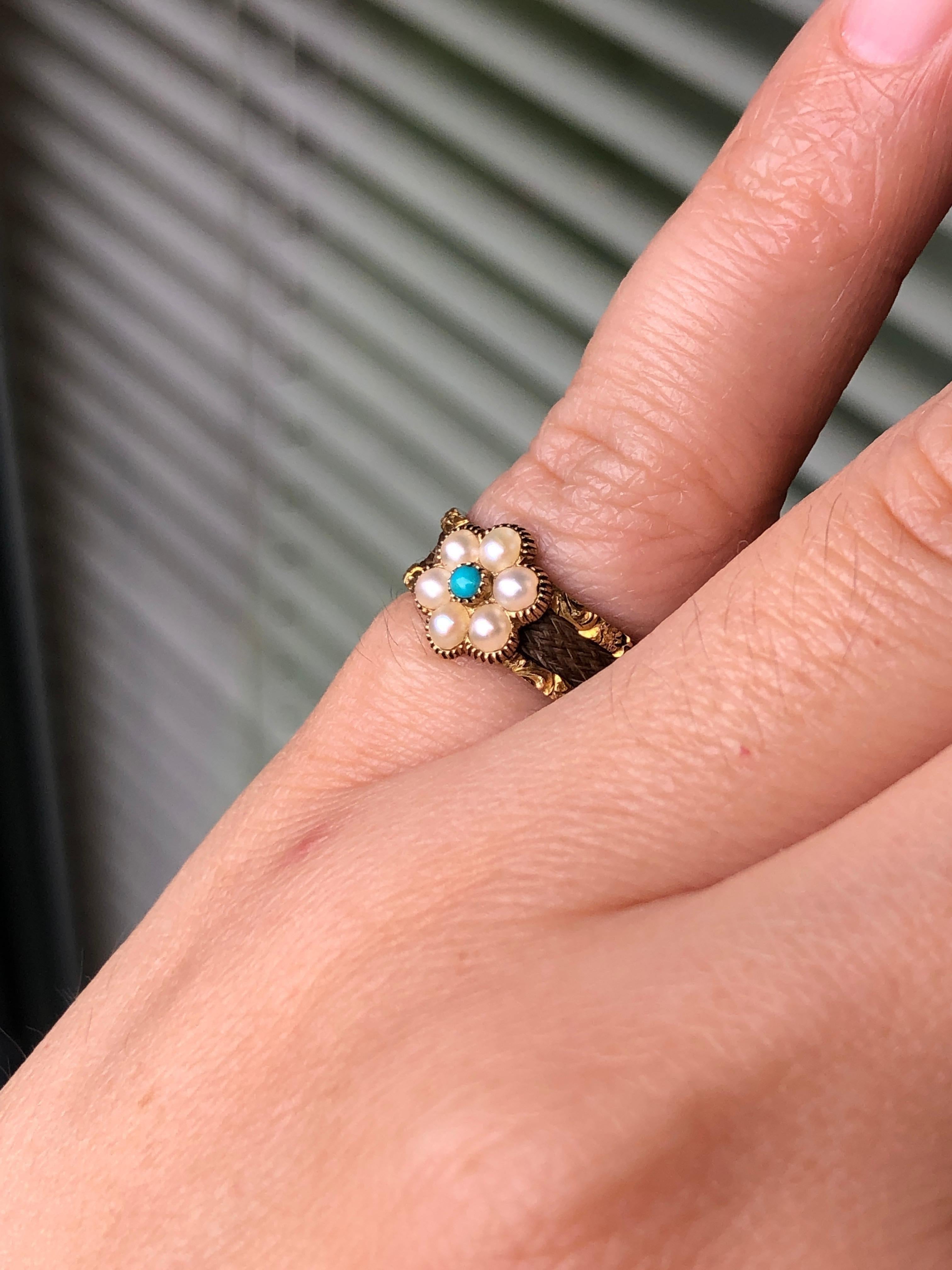 Cabochon Victorian Natural Pearl Turquoise Daisy Flower Ring For Sale