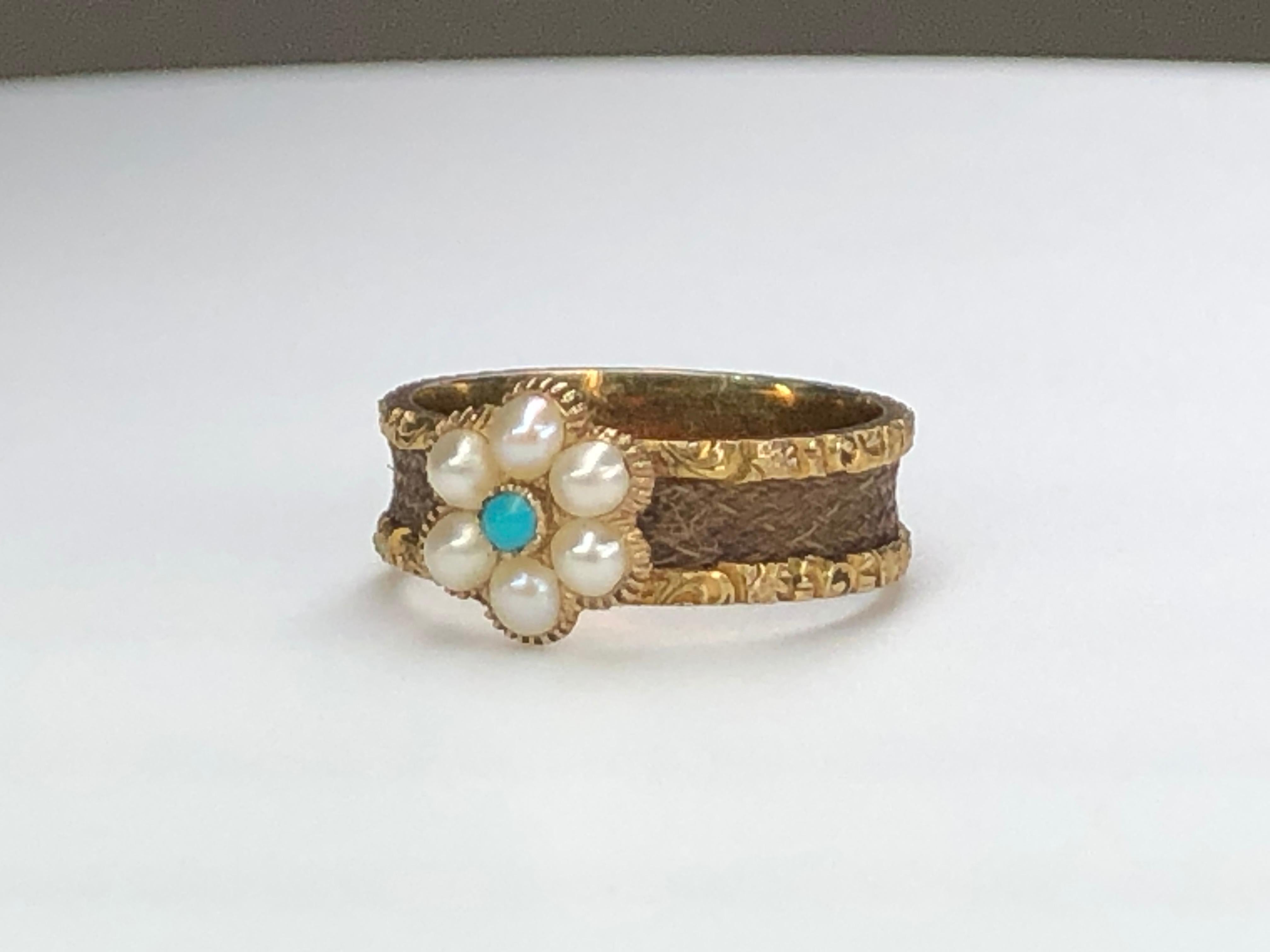 Victorian Natural Pearl Turquoise Daisy Flower Ring In Excellent Condition For Sale In Banbury, GB