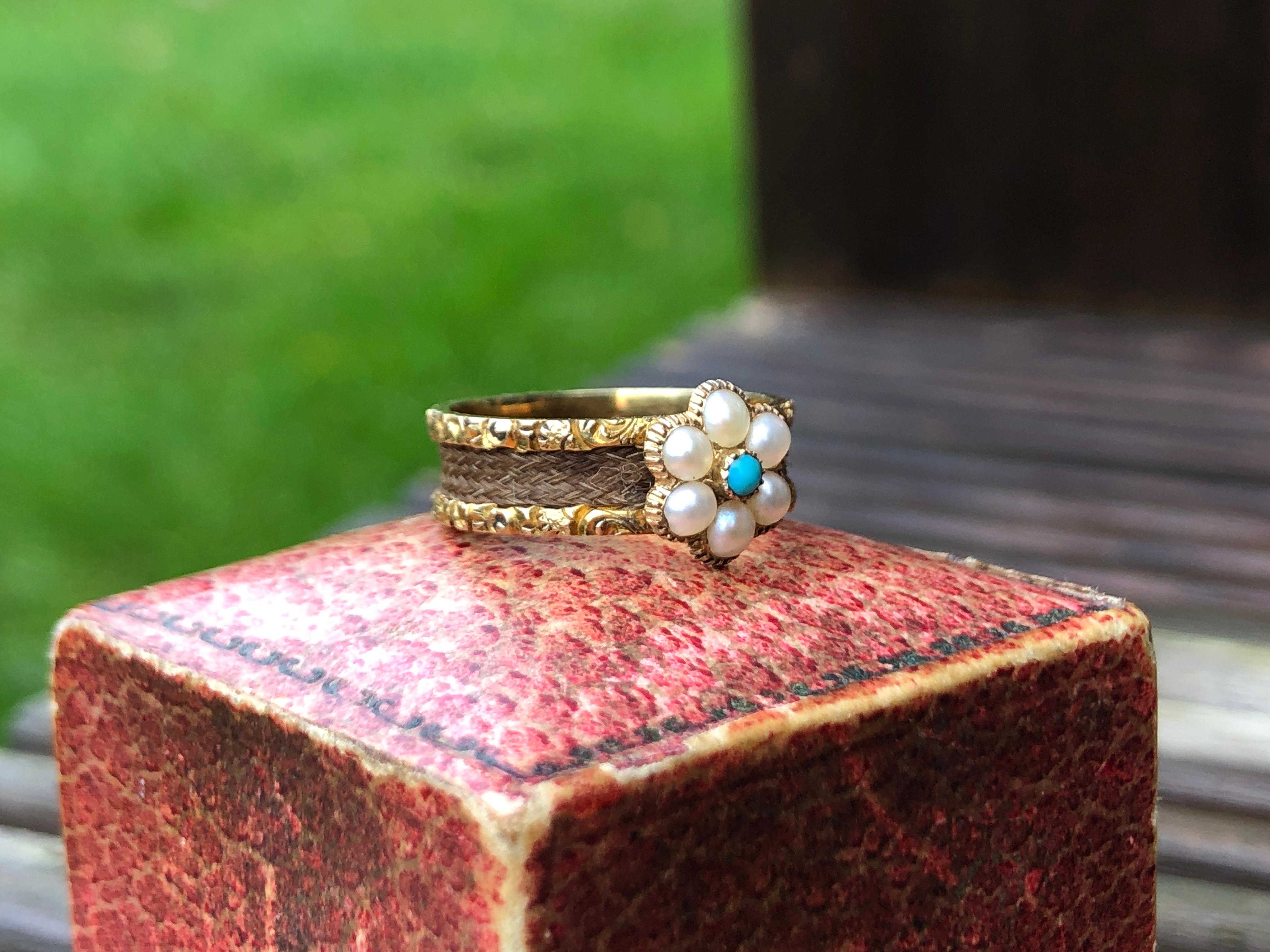 Women's or Men's Victorian Natural Pearl Turquoise Daisy Flower Ring For Sale