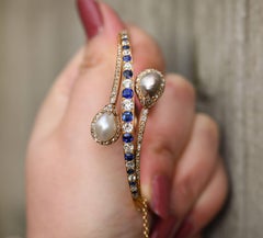 Victorian Natural Pearl, Sapphire and Diamond Yellow Gold Bangle