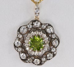 Victorian Natural Peridot Diamond Gold Pendant Brooch