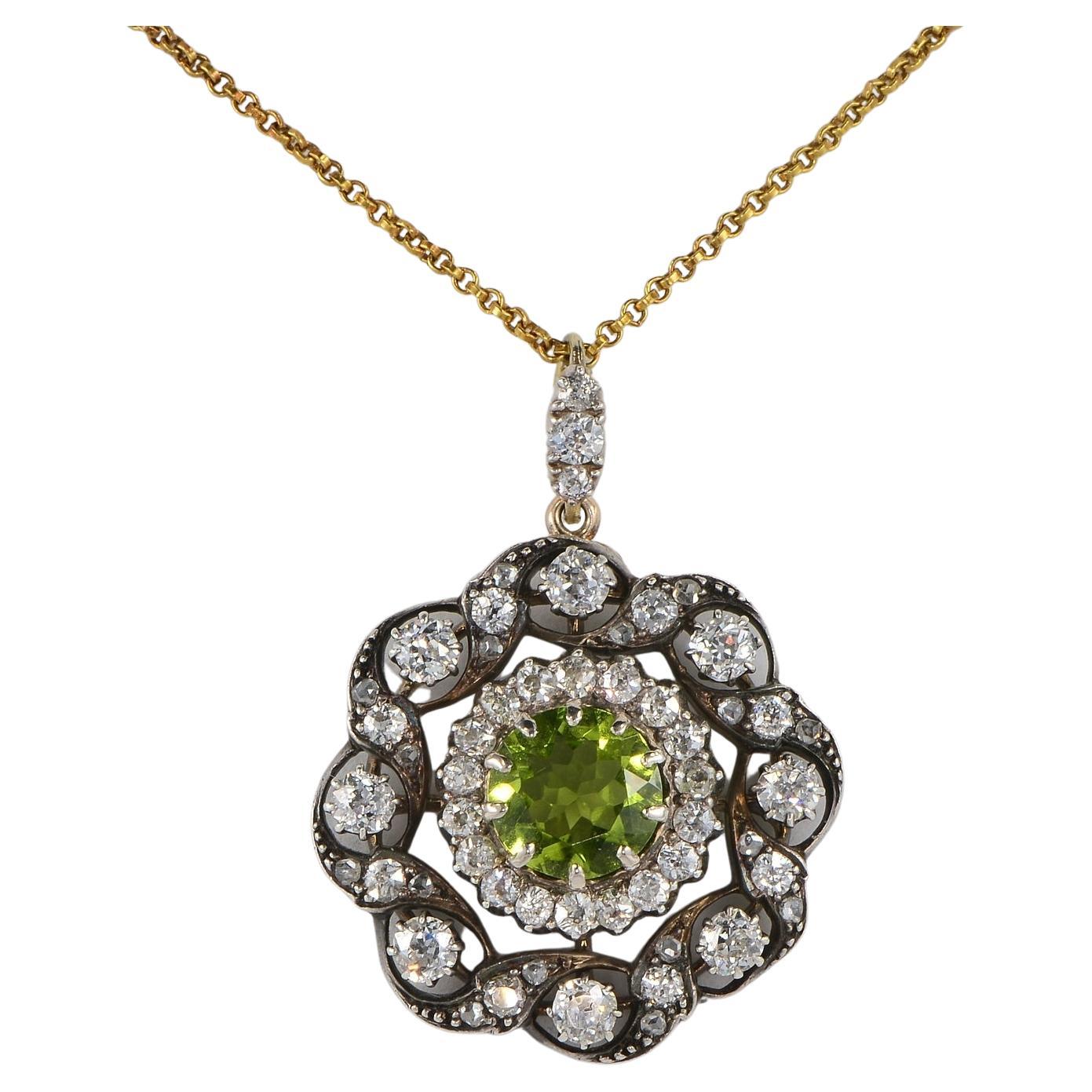 Victorian Natural Peridot Diamond Gold Pendant Brooch For Sale