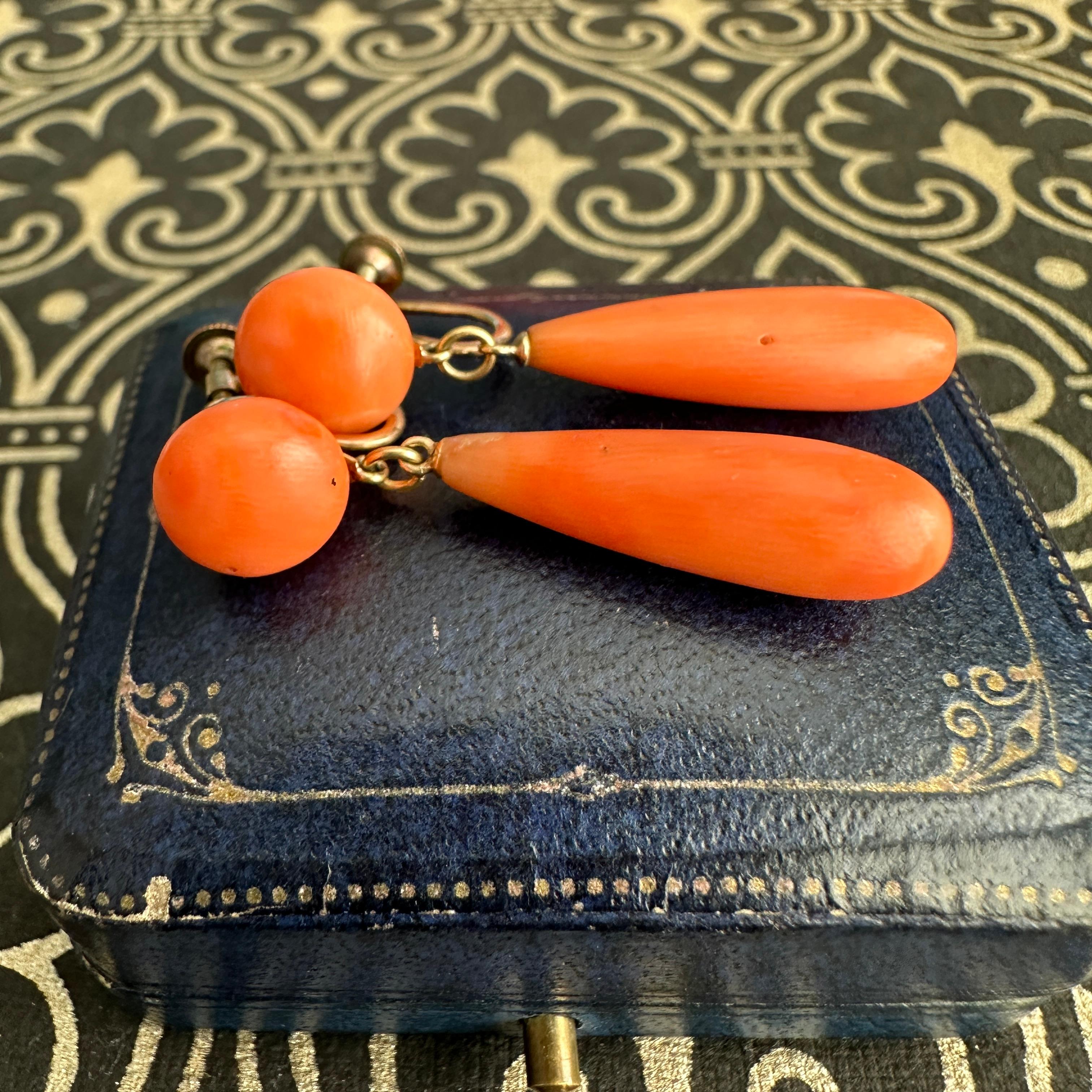 Victorian Natural Red Coral Gold Filled Twist Back Earrings For Sale 4