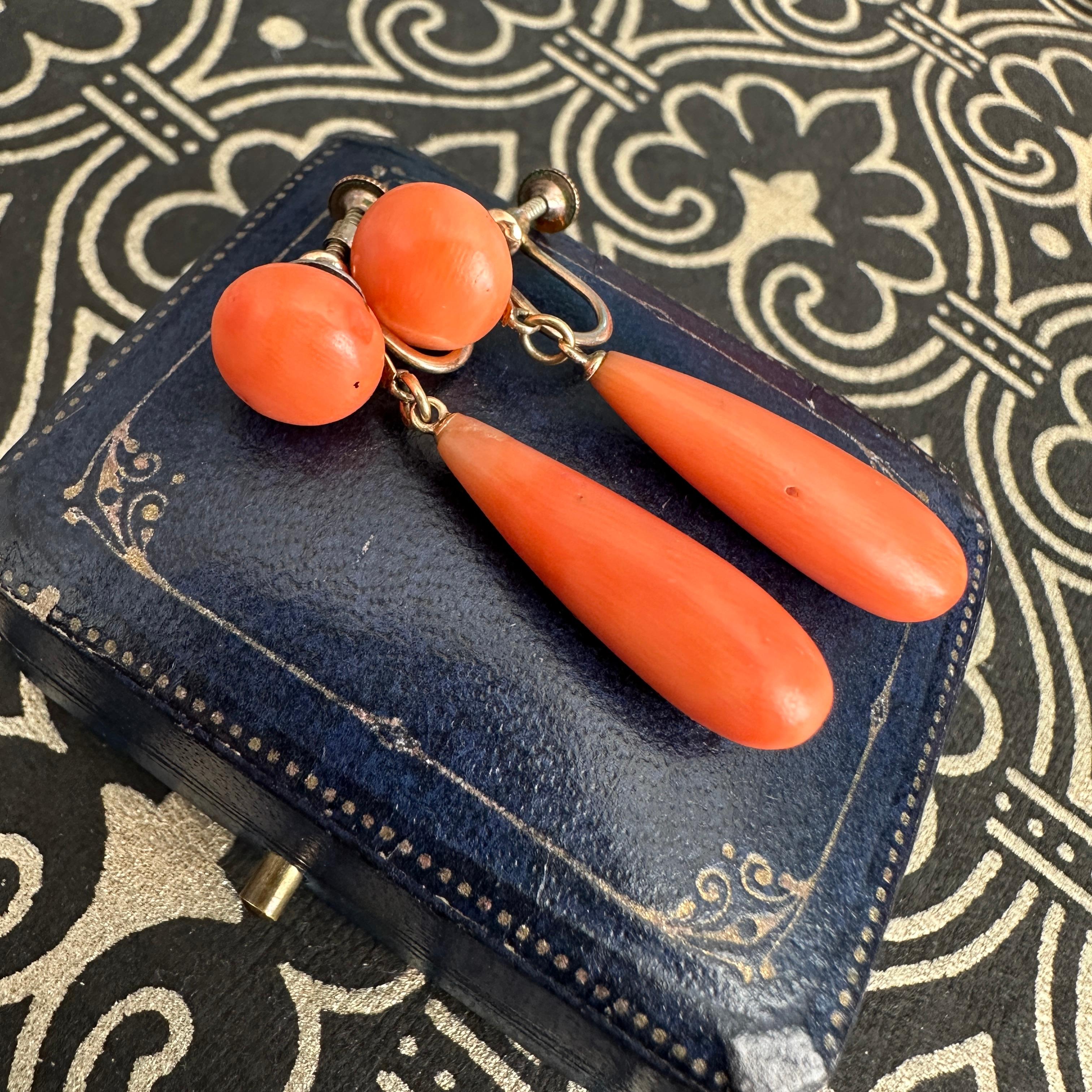 Victorian Natural Red Coral Gold Filled Twist Back Earrings For Sale 5