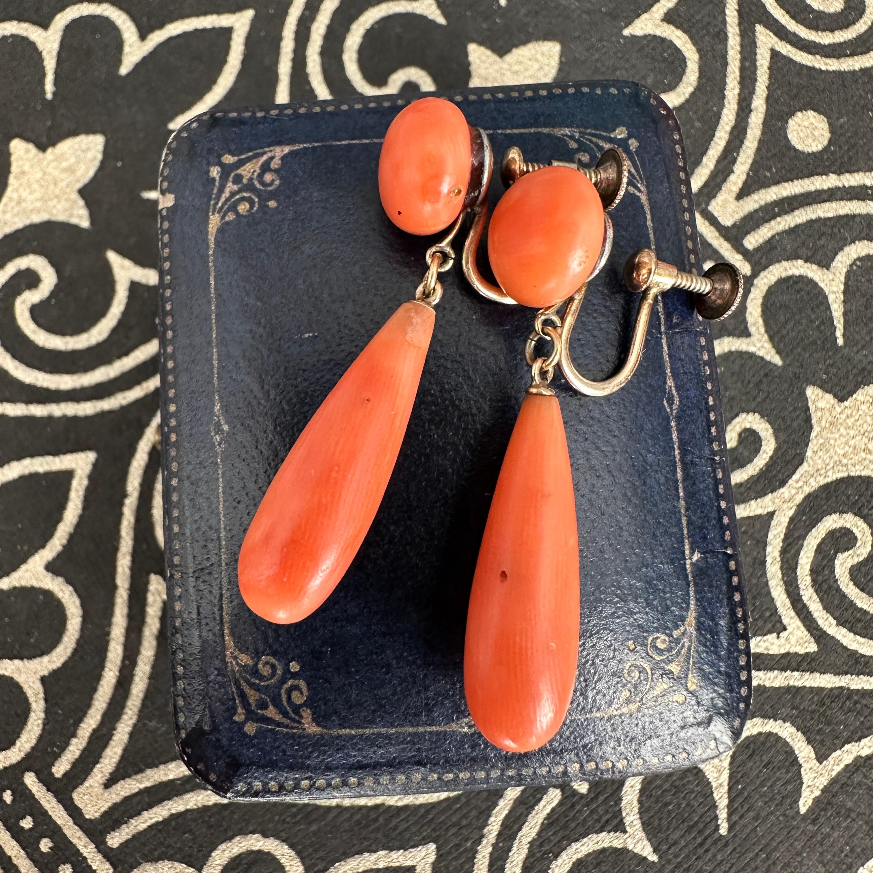 Victorian Natural Red Coral Gold Filled Twist Back Earrings For Sale 6