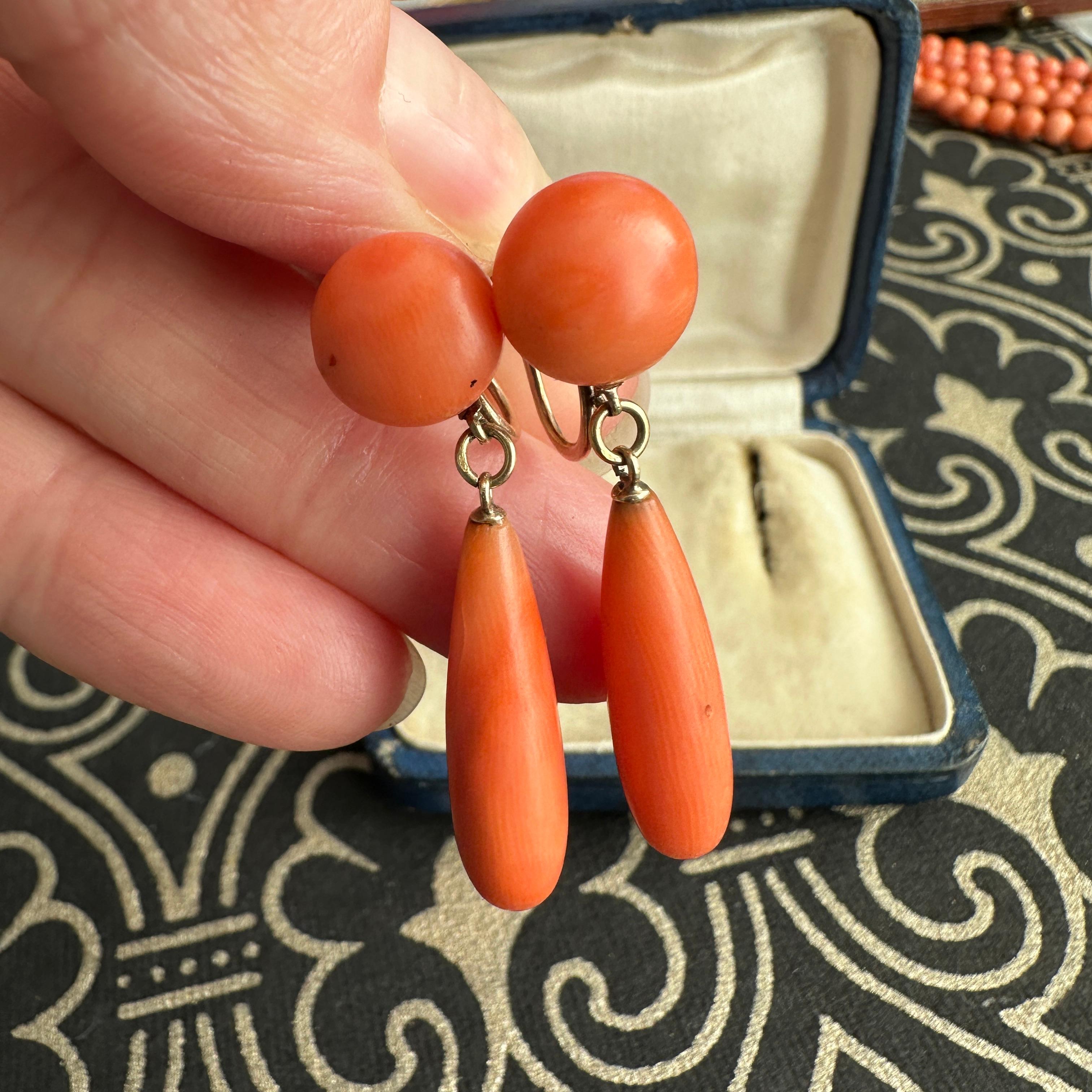Cabochon Victorian Natural Red Coral Gold Filled Twist Back Earrings For Sale
