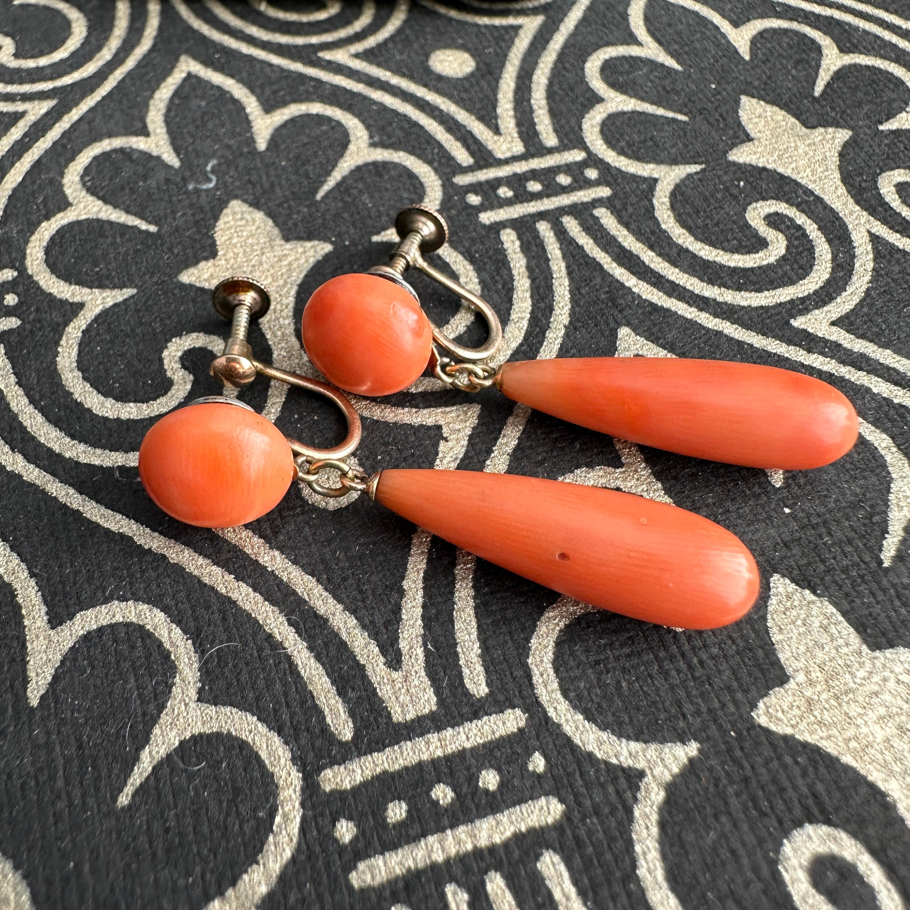 Victorian Natural Red Coral Gold Filled Twist Back Earrings For Sale 1