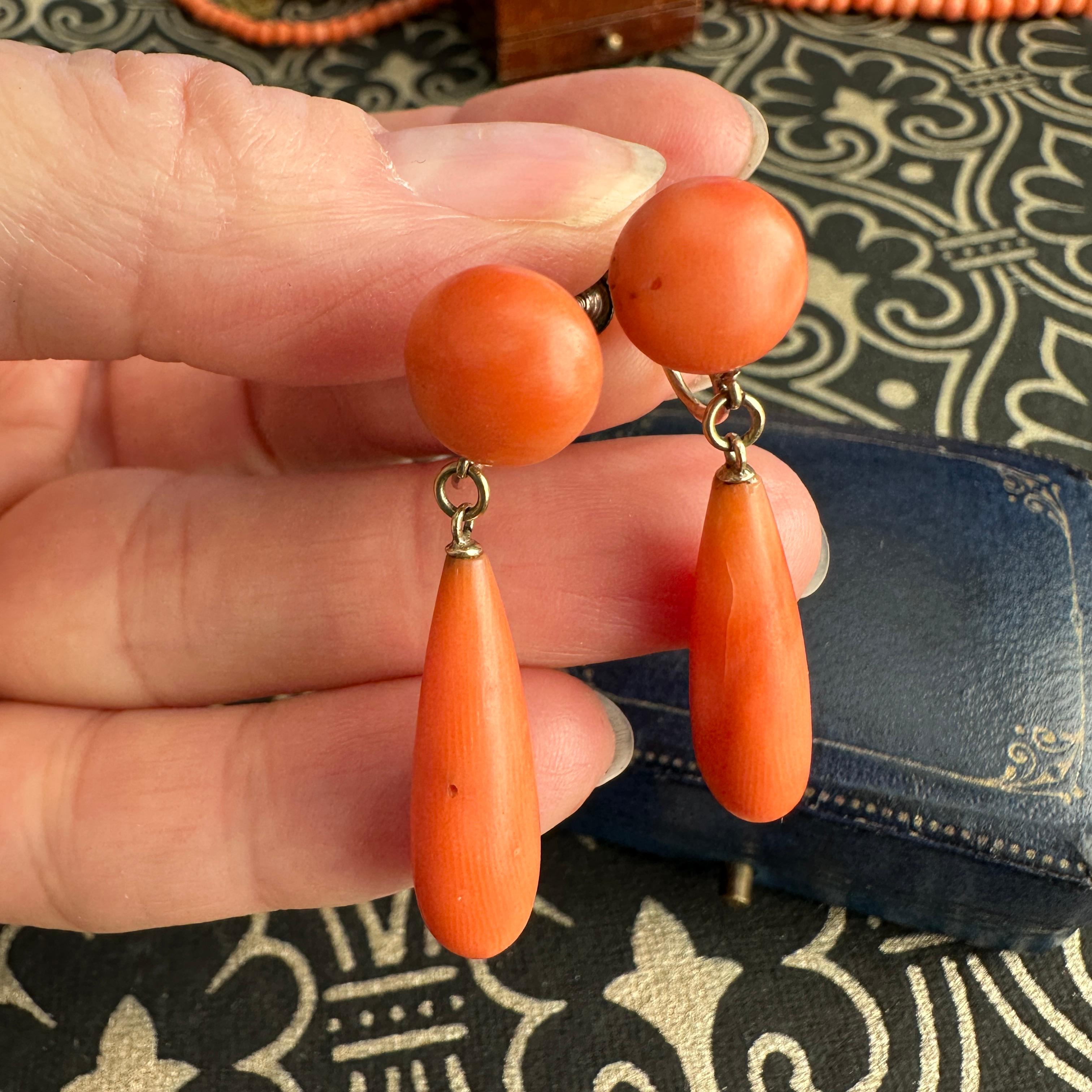 Victorian Natural Red Coral Gold Filled Twist Back Earrings For Sale 2