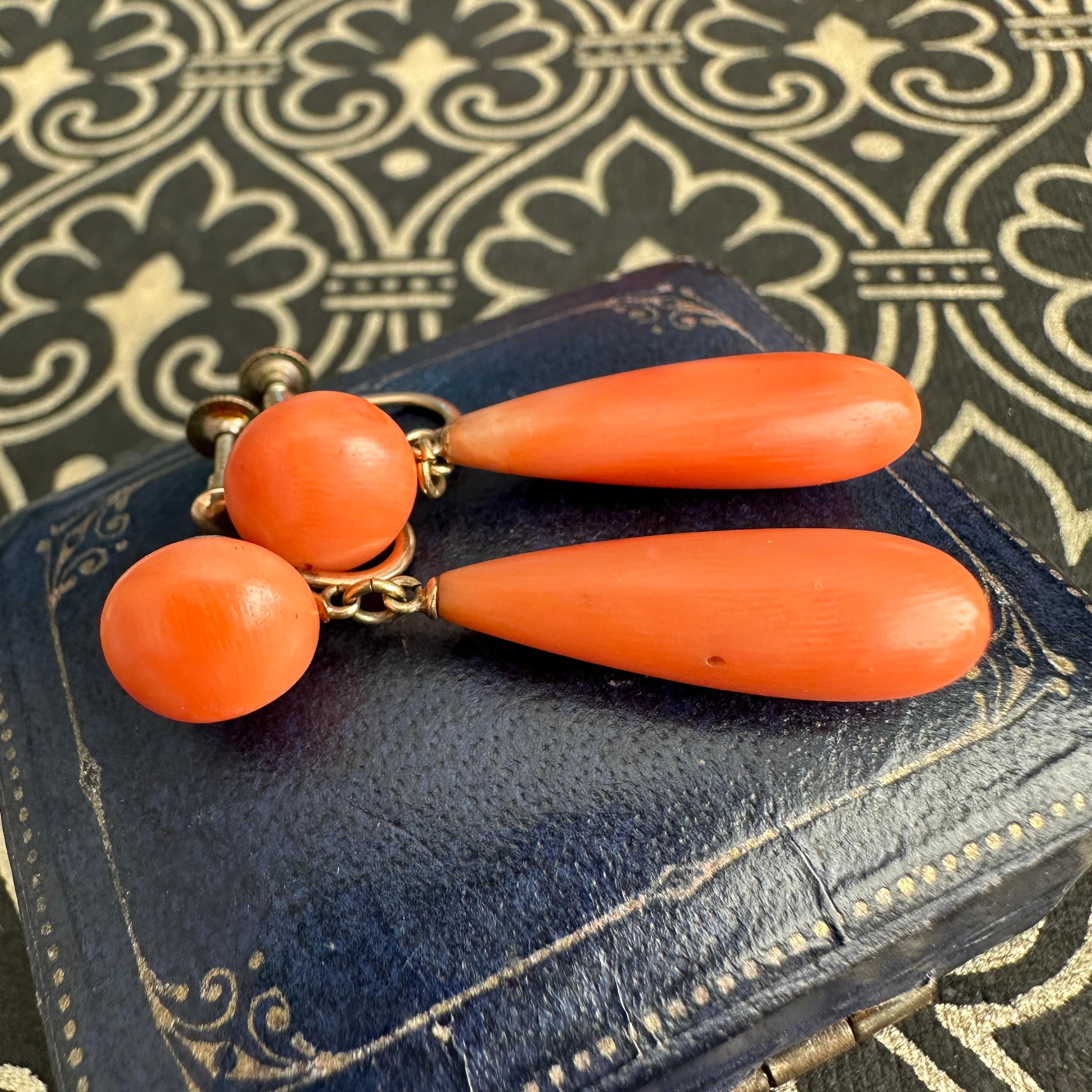 Victorian Natural Red Coral Gold Filled Twist Back Earrings For Sale 3