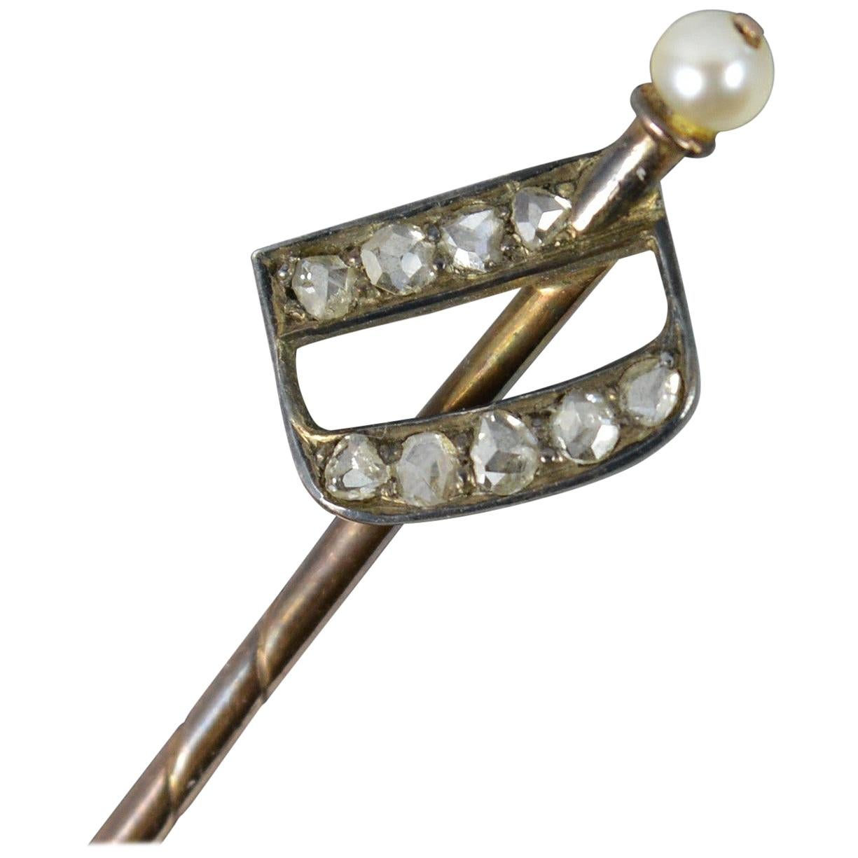Victorian Natural Rose Cut Diamond & Pearl D Initial 9 Carat Gold Stick Tie Pin