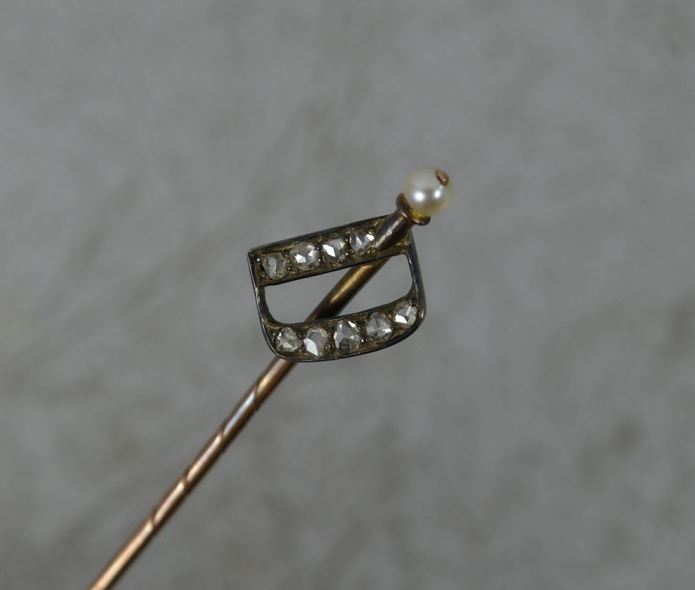 Victorian Natural Rose Cut Diamond & Pearl D Initial 9 Carat Gold Stick Tie Pin In Excellent Condition In St Helens, GB