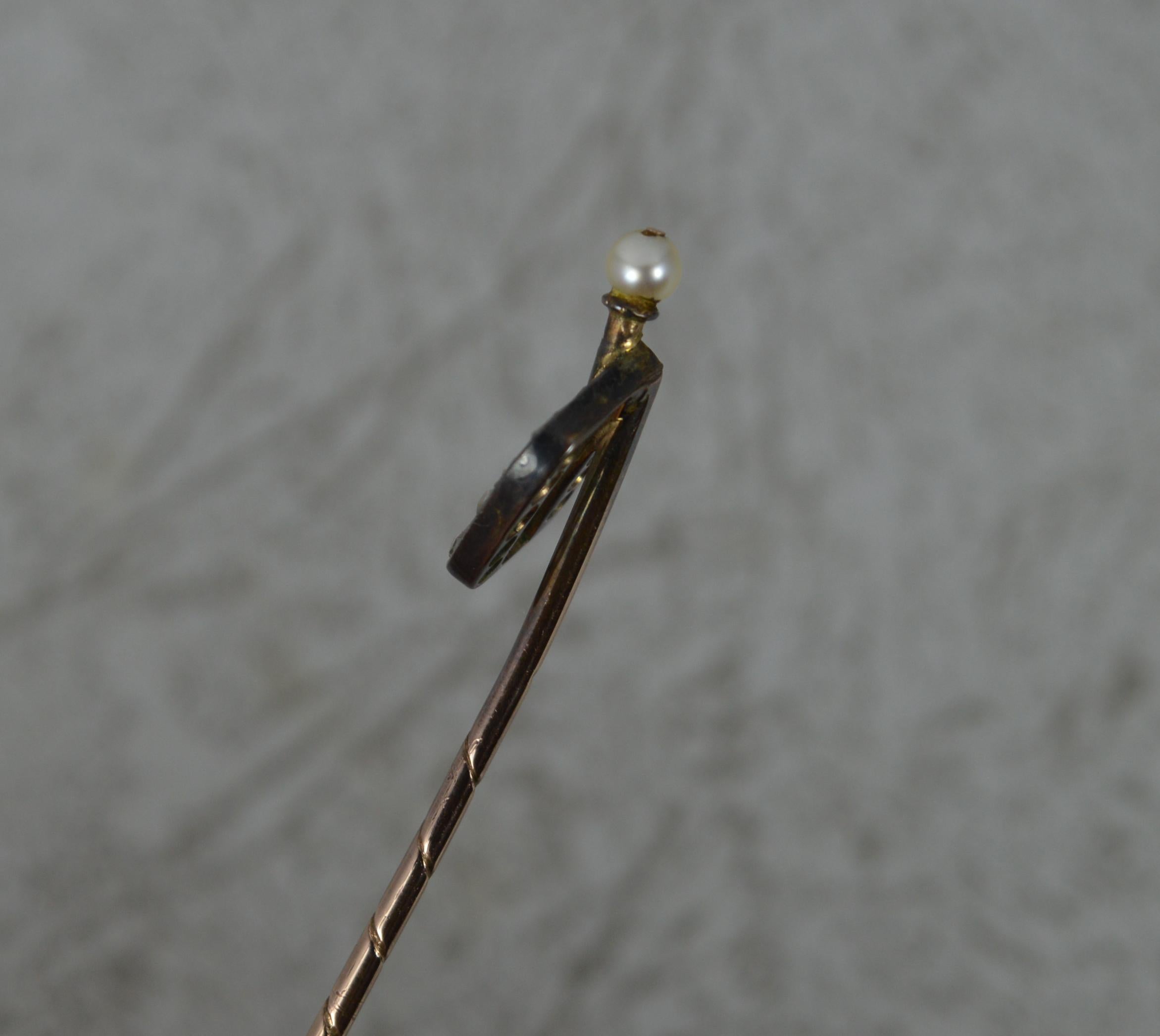 Victorian Natural Rose Cut Diamond & Pearl D Initial 9 Carat Gold Stick Tie Pin 5