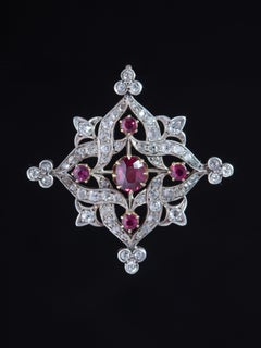 Victorian Natural Rubies and Diamond Antique Brooch Pendant