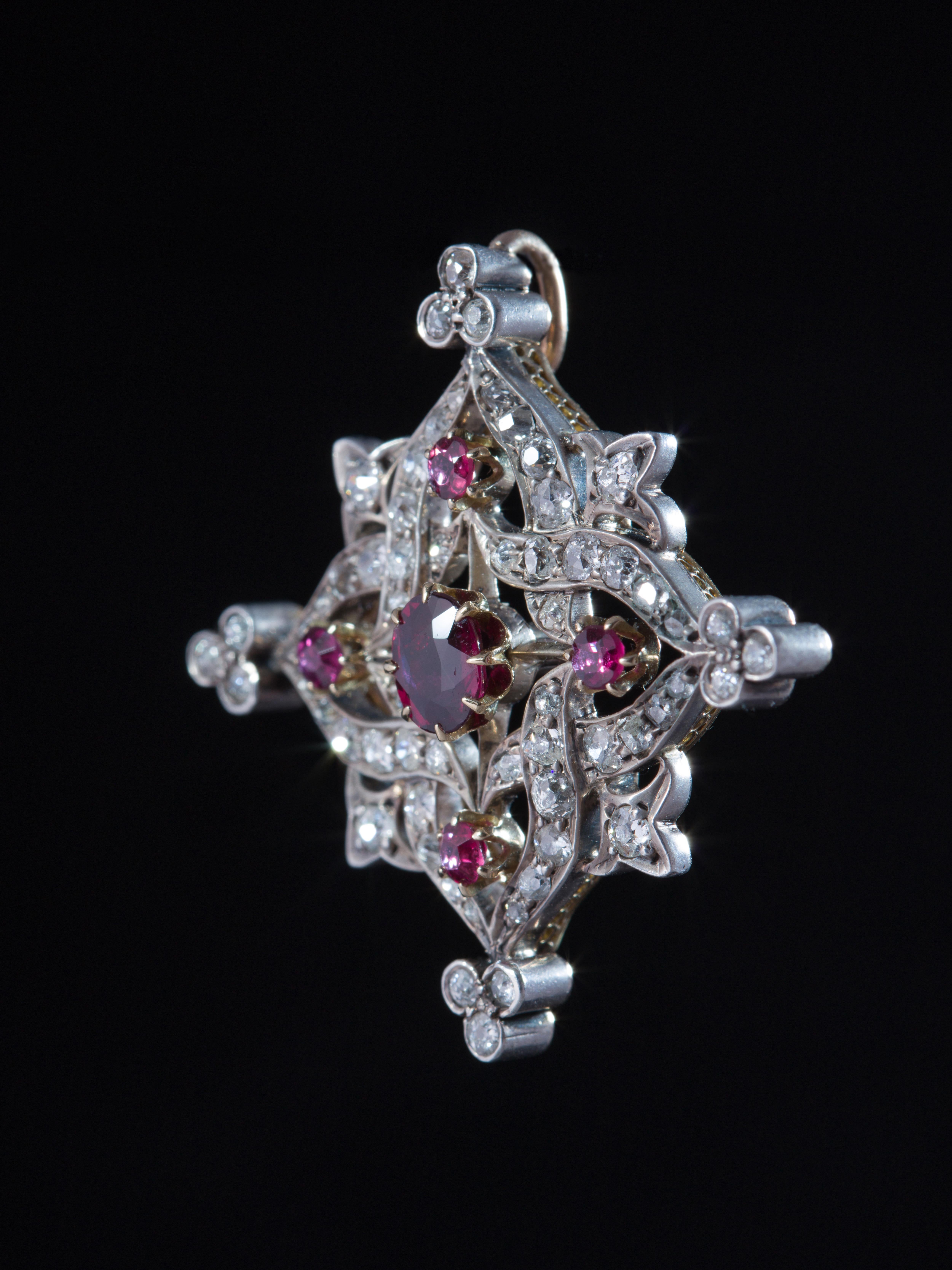 Late Victorian Victorian Natural Rubies and Diamond Antique Brooch Pendant For Sale