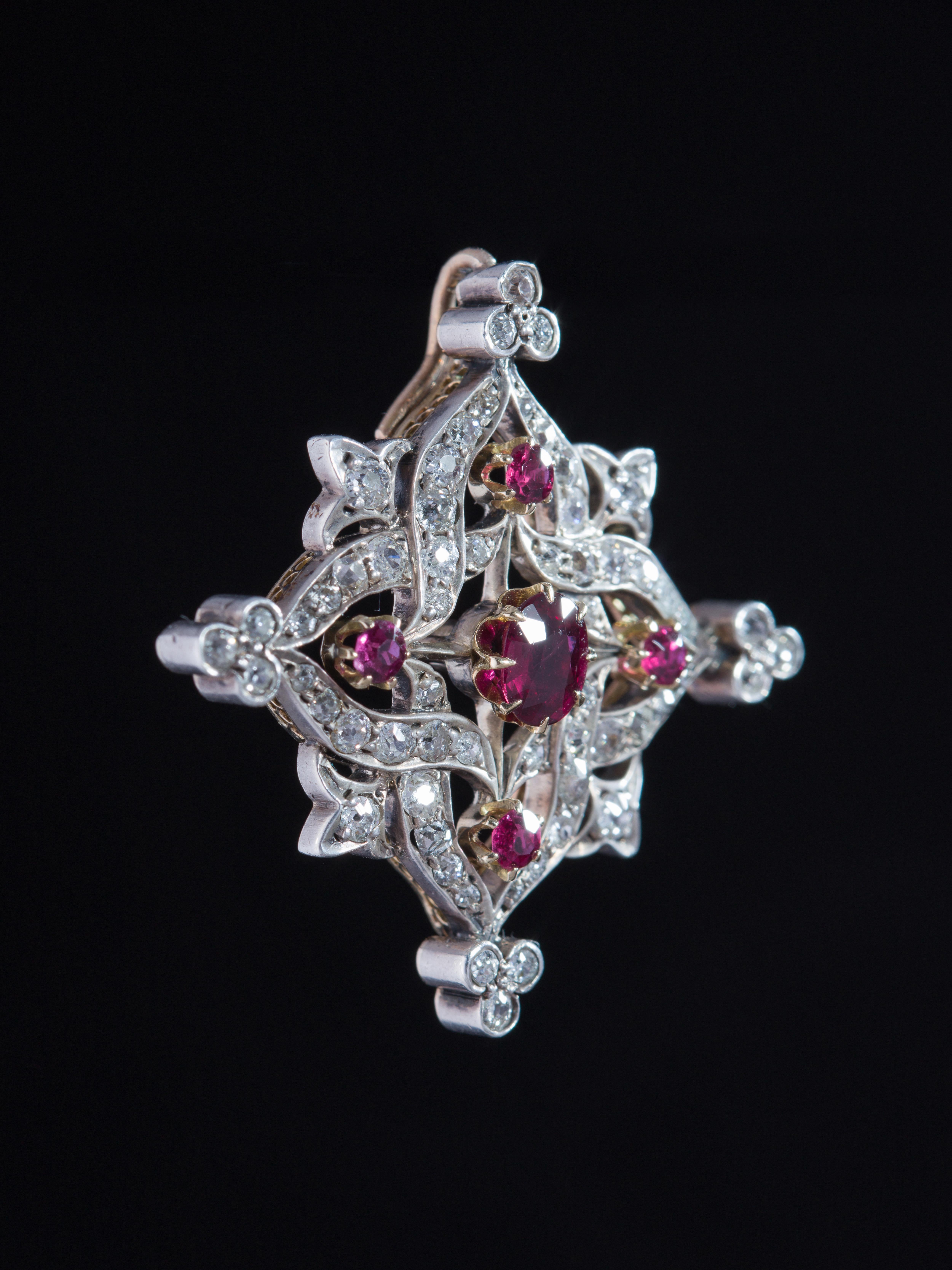 Oval Cut Victorian Natural Rubies and Diamond Antique Brooch Pendant For Sale