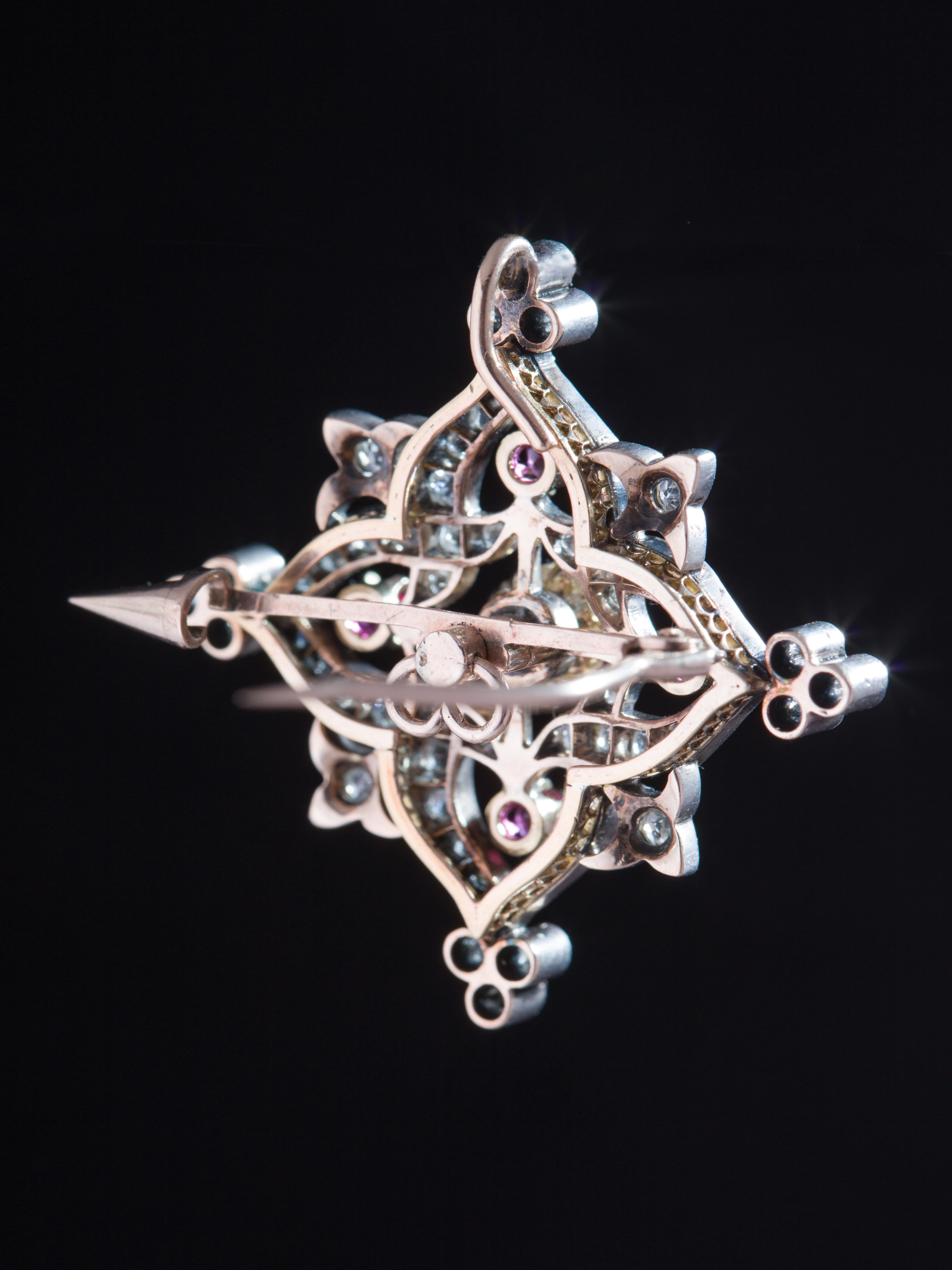 Victorian Natural Rubies and Diamond Antique Brooch Pendant For Sale 2