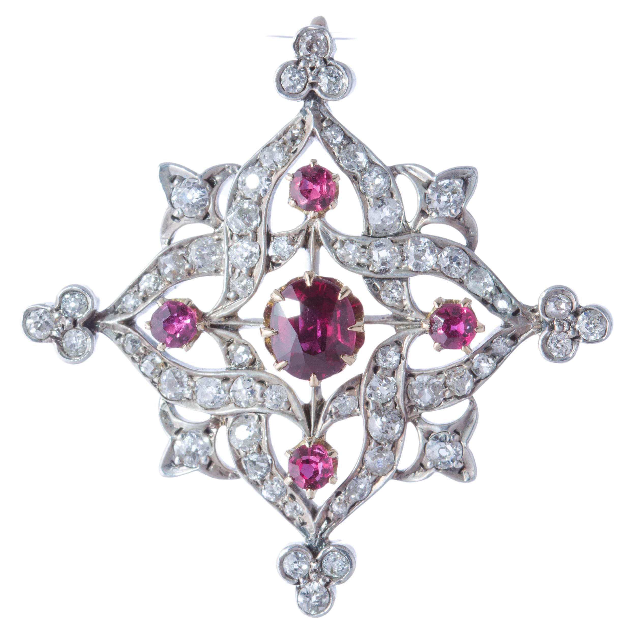 Victorian Natural Rubies and Diamond Antique Brooch Pendant