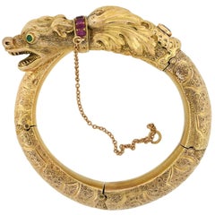 Victorian Natural Ruby and Emerald Mythical Creature Hinged Bracelet