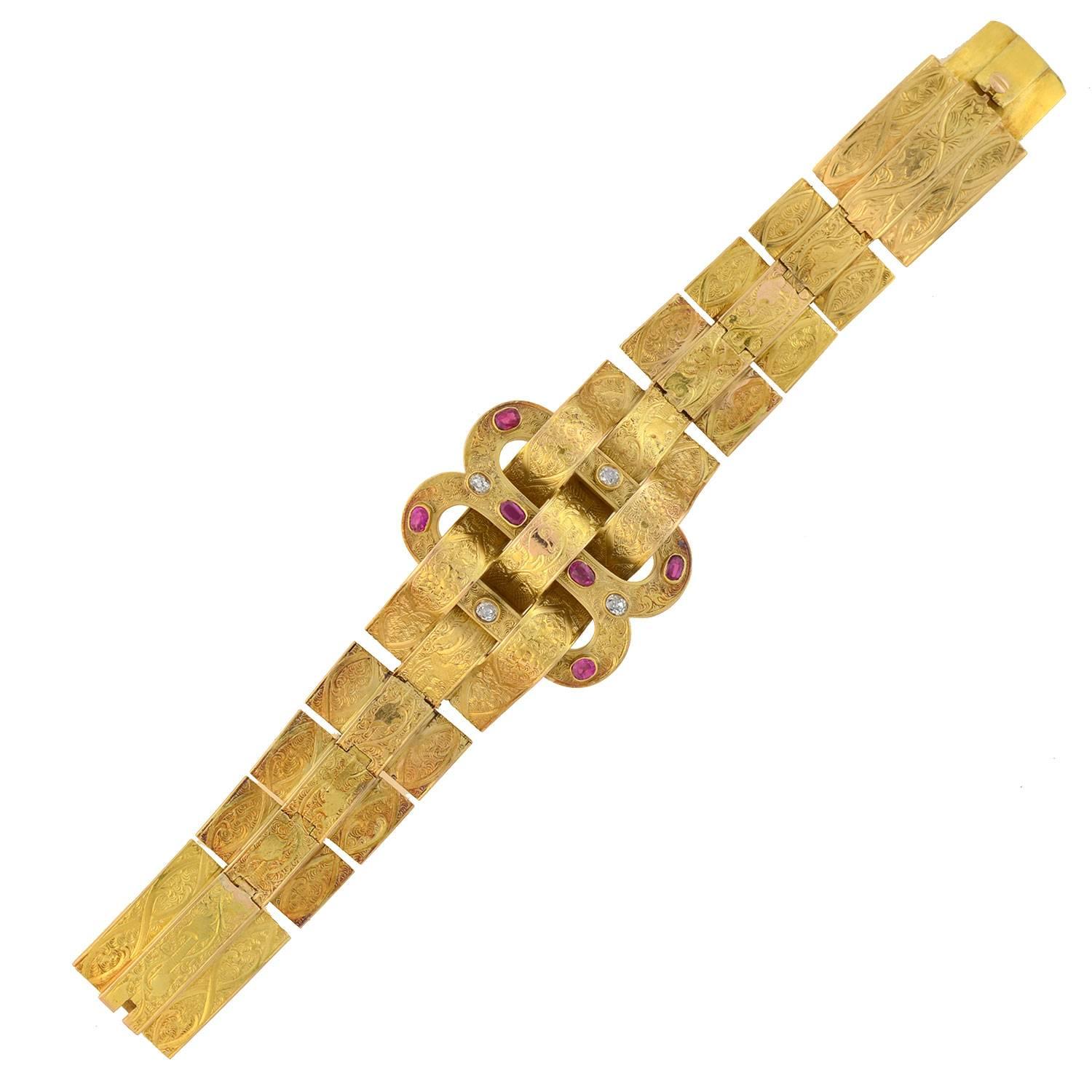 Victorian Natural Ruby Diamond Gold Weaved Buckle Bracelet In Excellent Condition In Narberth, PA