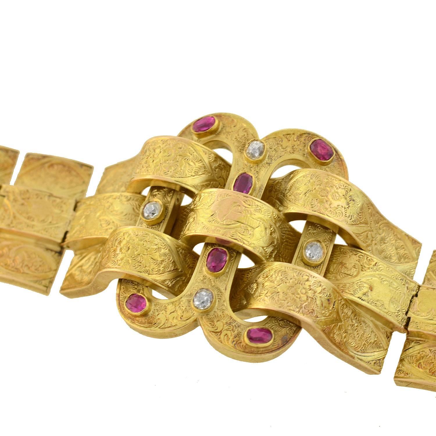 Women's Victorian Natural Ruby Diamond Gold Weaved Buckle Bracelet