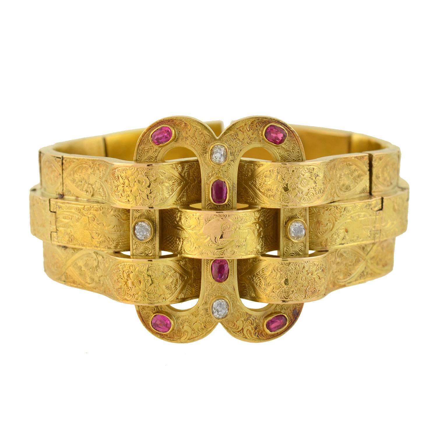 Victorian Natural Ruby Diamond Gold Weaved Buckle Bracelet