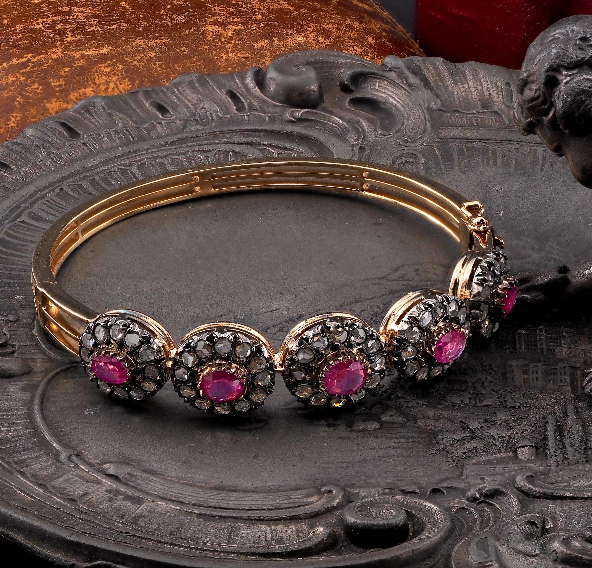 Oval Cut Victorian Natural Ruby Rose Cut Diamond 18 KT Bangle For Sale