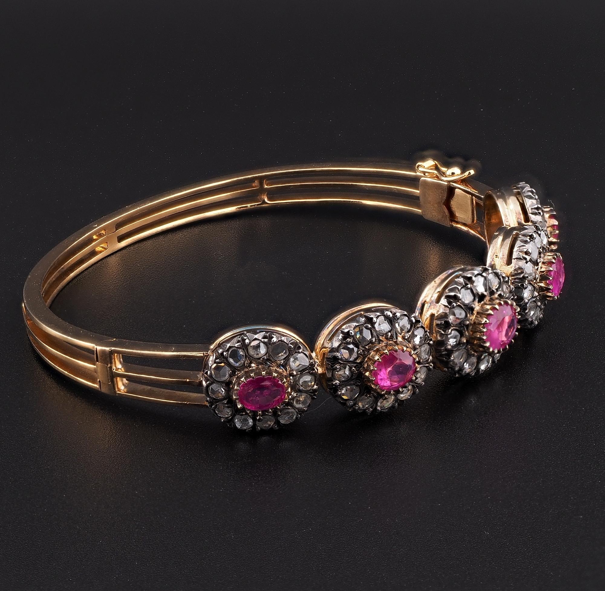 Victorian Natural Ruby Rose Cut Diamond 18 KT Bangle In Good Condition For Sale In Napoli, IT