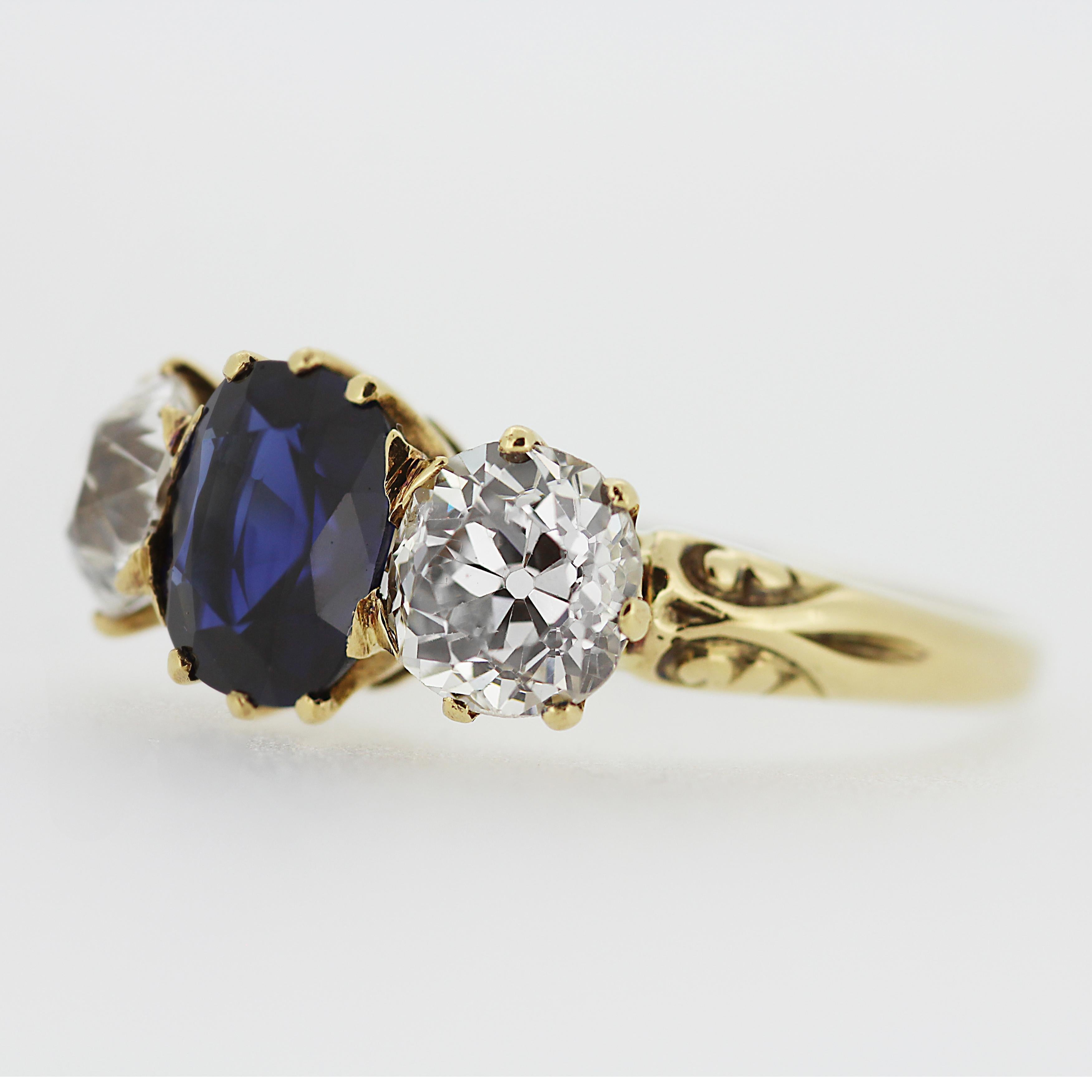 Cushion Cut Victorian Natural Sapphire and Diamond Three-Stone Antique Ring with Certificate