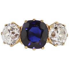 Victorian Natural Sapphire and Diamond Three-Stone Antique Ring with Certificate