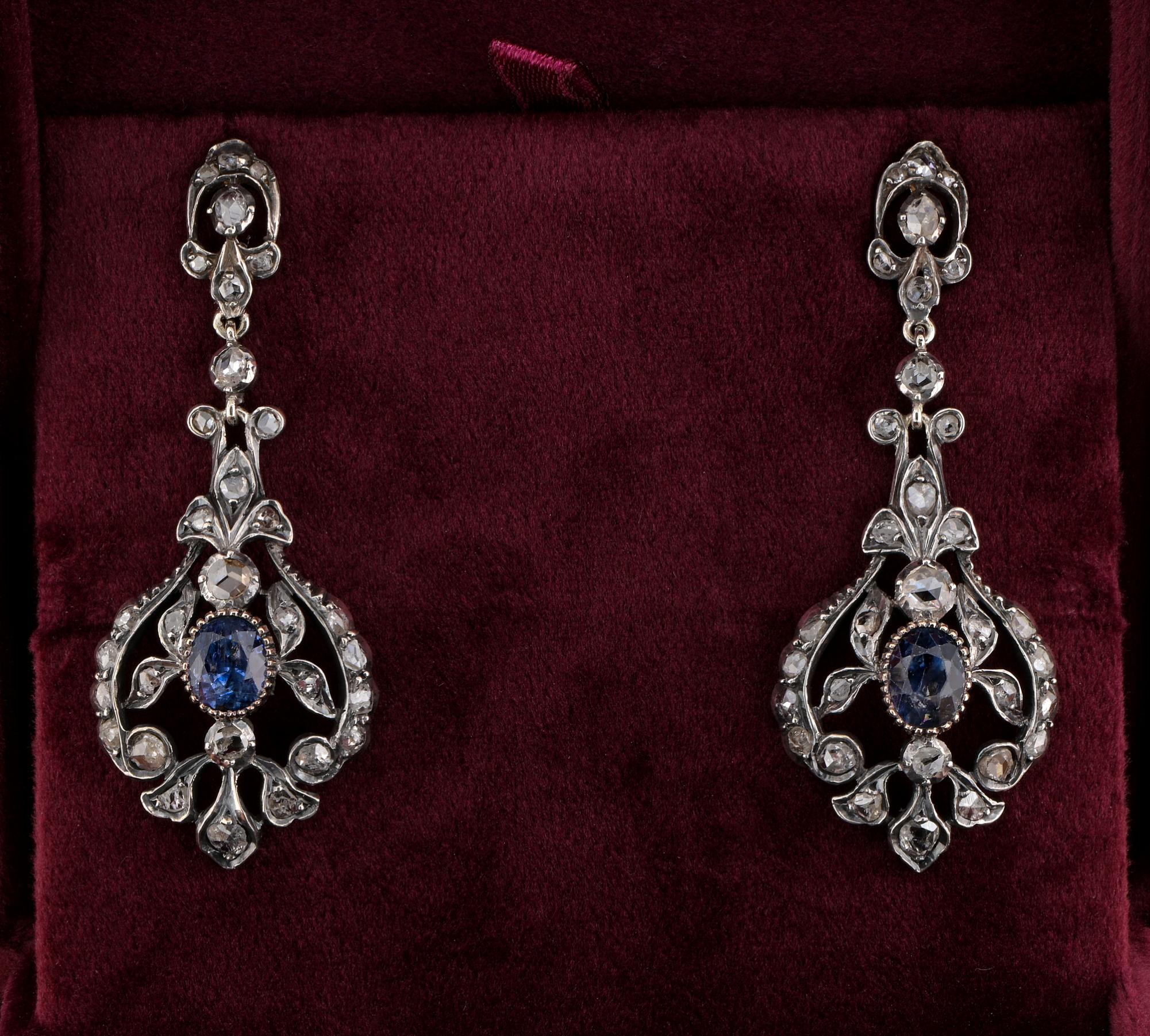 These beautiful antique earrings are 1890 circa
Hand crafted of solid 18 KT silver topped
Charmingly scroll designed in a fabulous openwork
Set throughout with a selection of 70 antique rose cut Diamonds varying in sizes to fit the design,