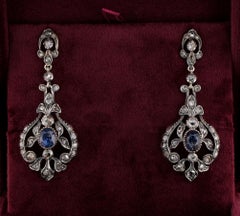 Viktorianische Tropfenohrringe aus natürlichem Saphir im Rosenschliff mit Diamanten 18 KT/Silber