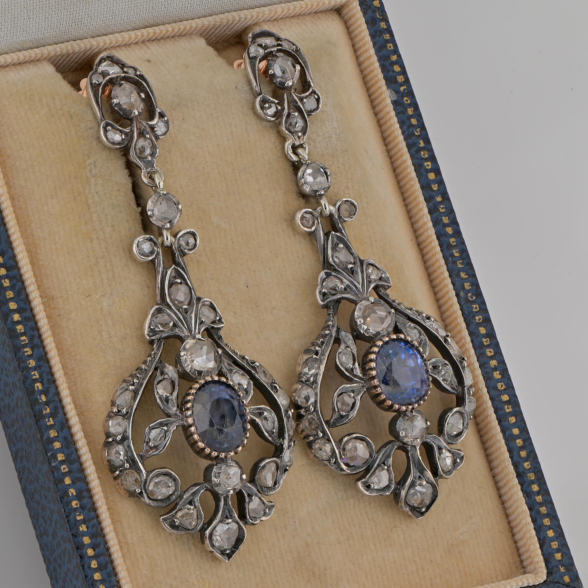 Victorian Natural Sapphire Rose cut Diamond Drop Earrings 18 KT/Silver In Good Condition For Sale In Napoli, IT