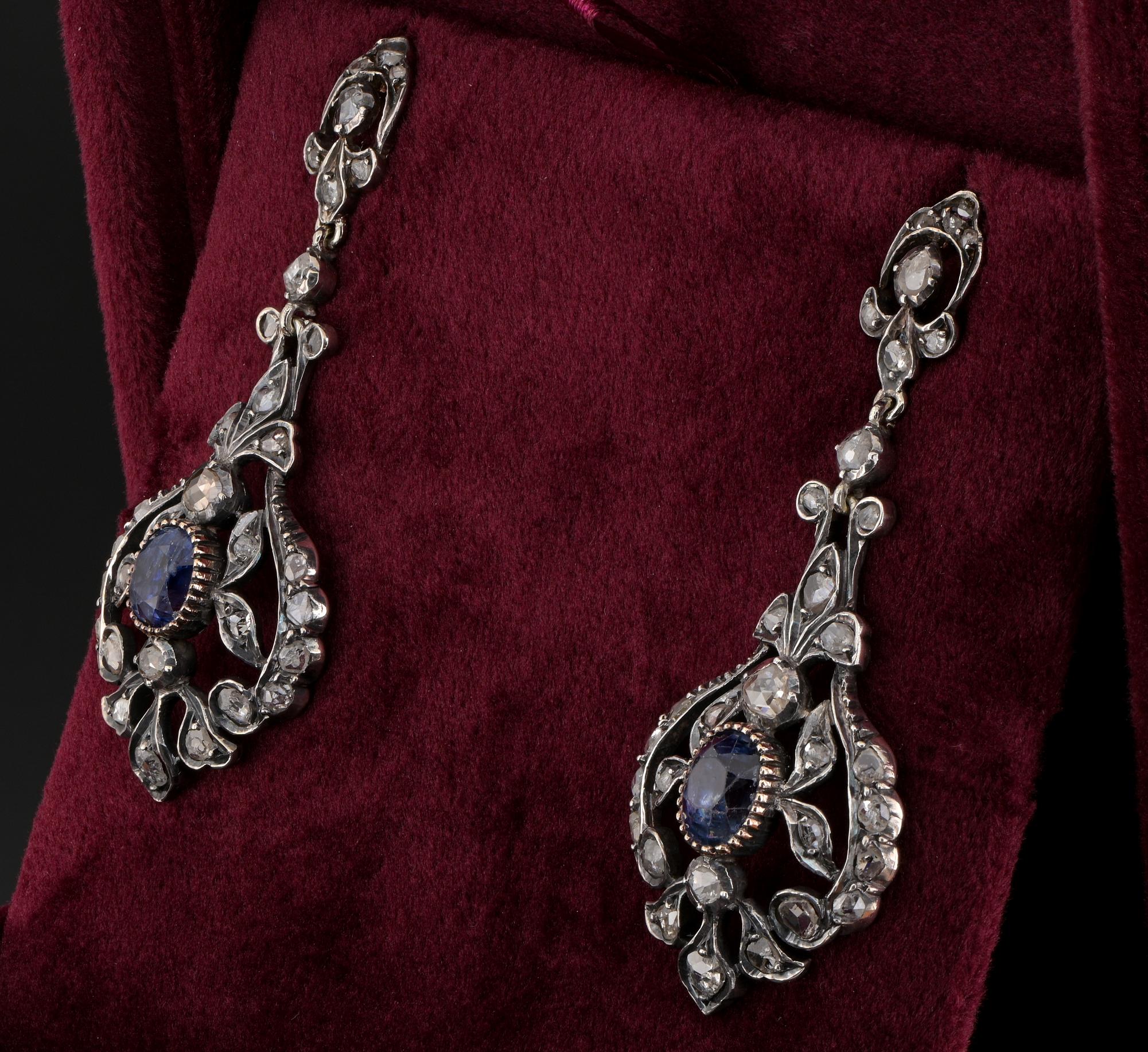 Boucles d'oreilles pendantes victoriennes en saphir naturel taillé en rose et diamants 18 KT/argent Bon état - En vente à Napoli, IT