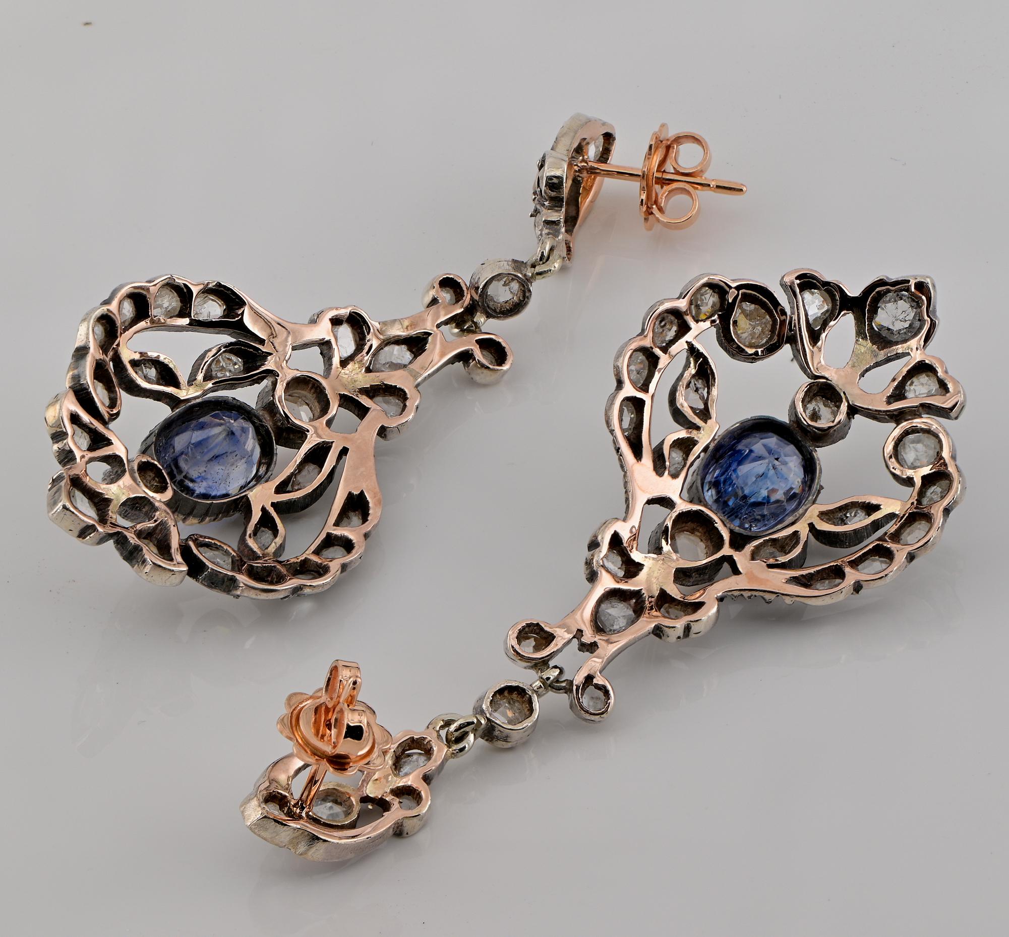 Victorian Natural Sapphire Rose cut Diamond Drop Earrings 18 KT/Silver For Sale 2