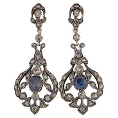 Antique Victorian Natural Sapphire Rose cut Diamond Drop Earrings 18 KT/Silver
